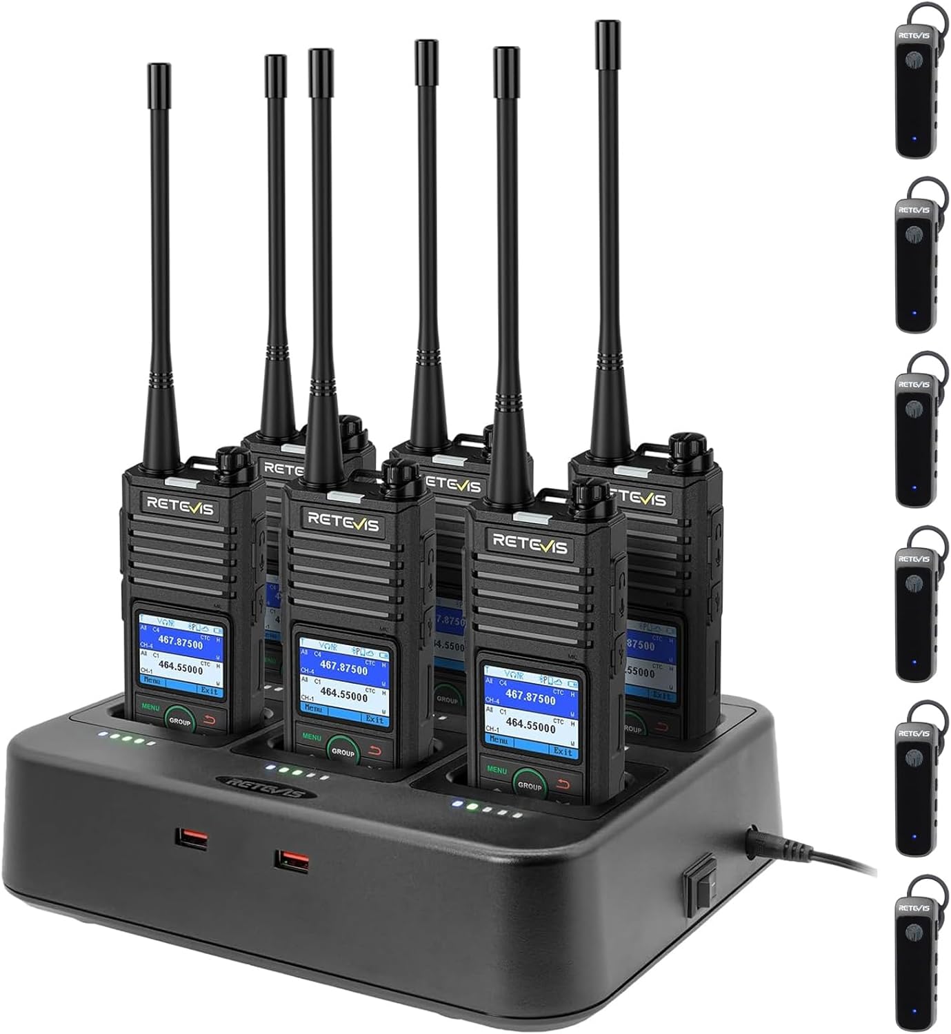 Retevis RB58 Bluetooth Waterproof Walkie Talkies with Wireless Earpieces,AI Noise Cancelling Two-Way Radios with 3-Zone 256 Channels,Group Call,APP Adjustment 2 Way Radios for Business Teams (6-Pack)