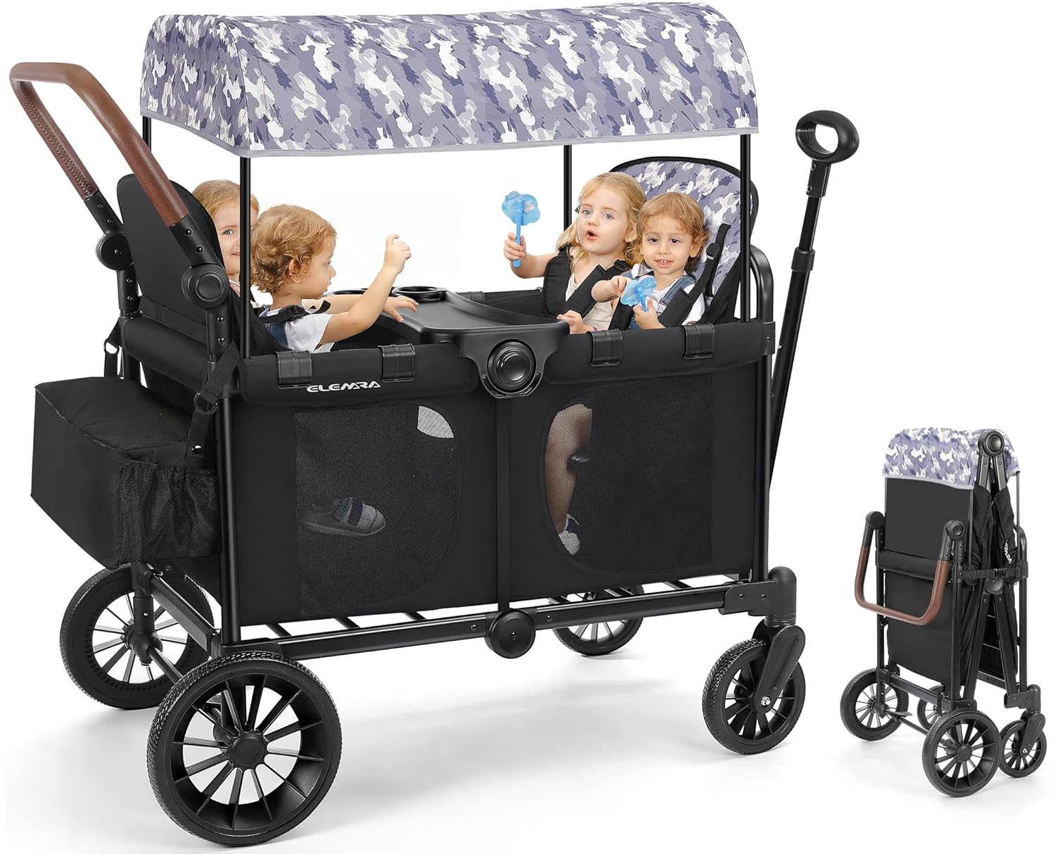 ELEMARA Wagon Stroller 4 Seater, Premium Stroller Wagon for 4 Kids, Foldable All-Terrain Wagon for Kids with Canopy, Adjustable Push/Pull Handles,Convertible High Seat&Organizer, Black+Purple