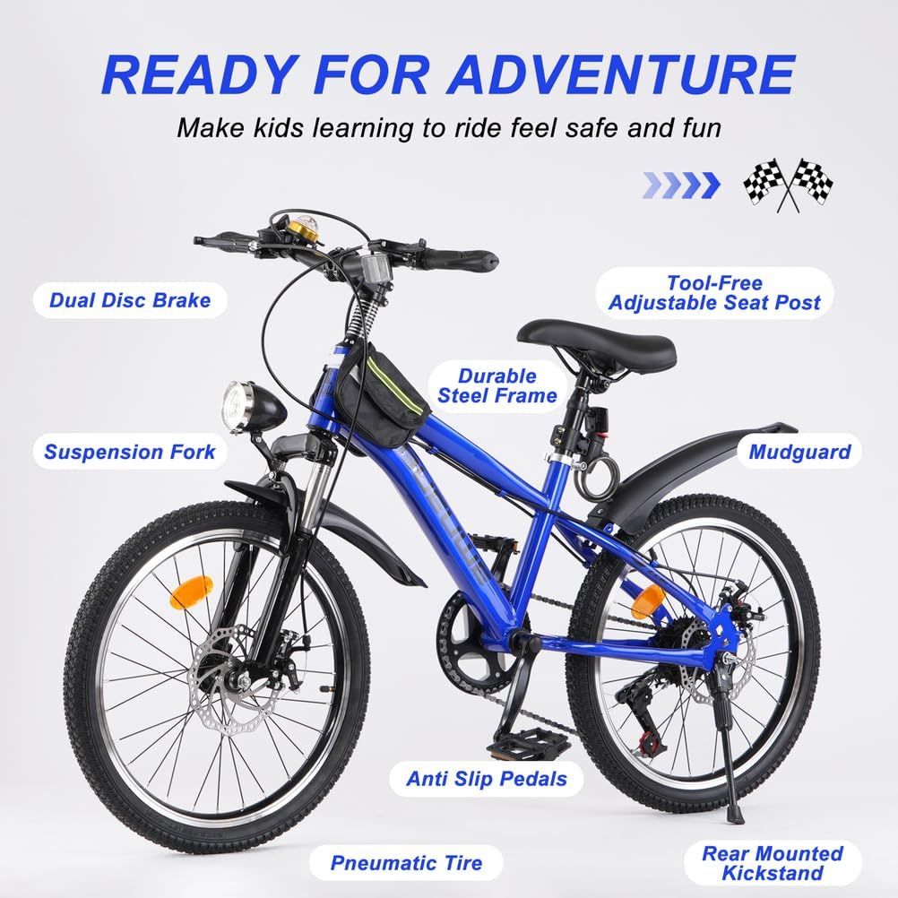 20 24 Inch Kids Mountain Bike, Children Bicycles for Boys and Girls Ages 6-12, 7 Speed Teenager Bikes with Disc Brakes, Adjustable Handlebars and Seat, Kickstand,Blue,24 Inch