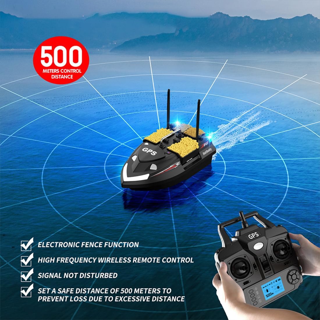 V802PRO 4‑Compartment GPS RC Bait Boat, 3kg Large Capacity, 500m Range, Auto Cruise & Return, Night Lights, DIY Fishing RFID Boat for Adults & Anglers