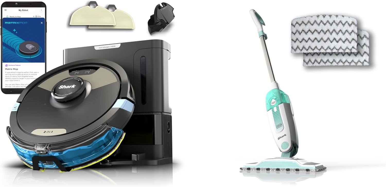 Shark Matrix Plus 2in1 Robot Vacuum & Mop with Sonic Mopping S1000 Steam Mop with 2 Dirt Grip Padsfor Hard Floors