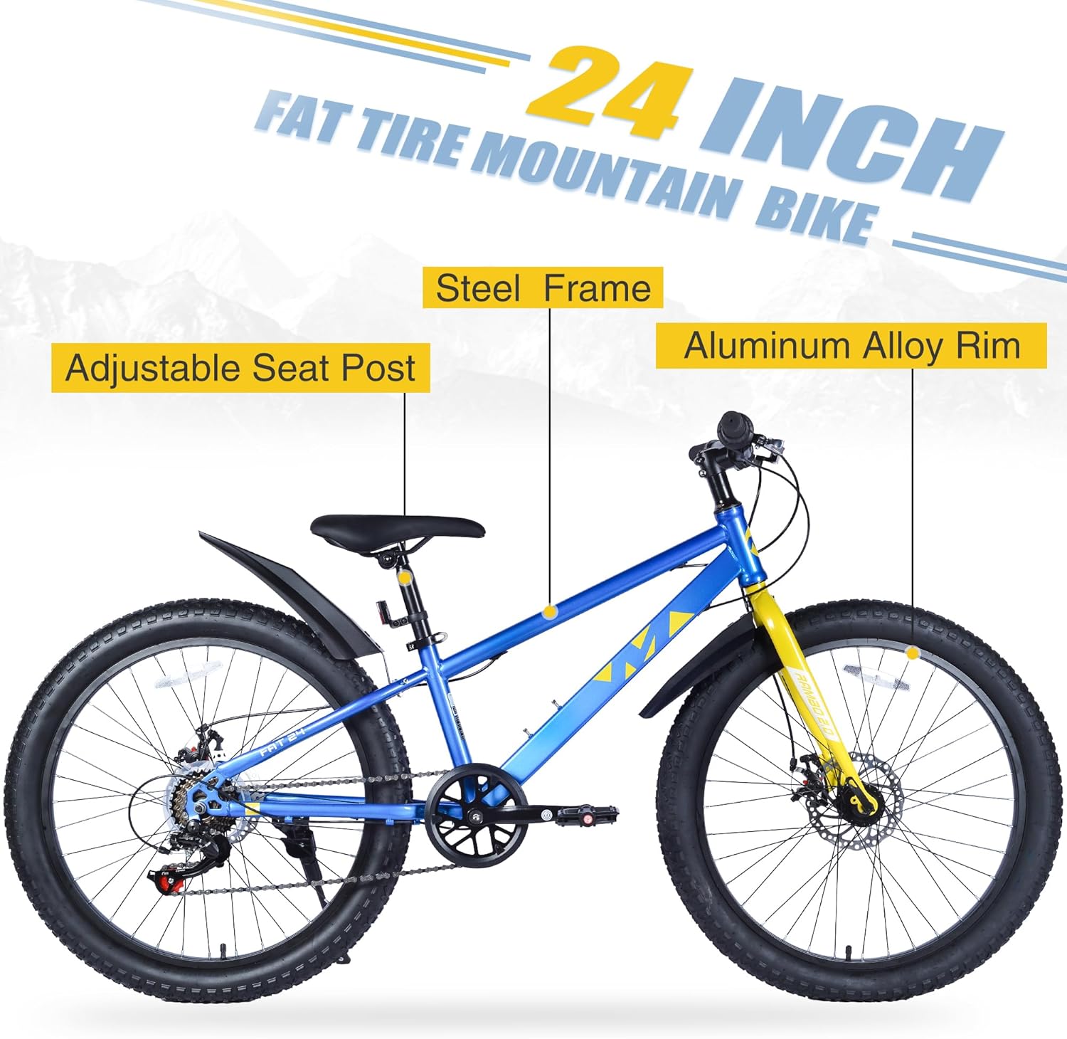 24x3.0 Fat Tire Kids Mountain Bike Snow Bike Beach Bike for 10-15 Years Old Steel Frame Disc Brake Bike 7 Speeds, Blue&Yellow