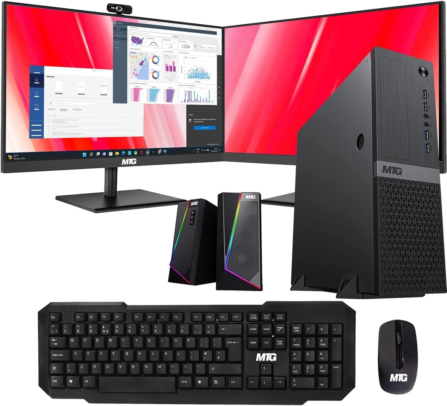 Aurora Computer Desktop PC - Intel Core i5 8th Gen, 16GB Ram DDR4, 2TB Nvme, MTG Dual 24 Inch Monitor, MTG Wireless Keyboard and Mouse, RGB Speaker, Webcam, Win 11 Home