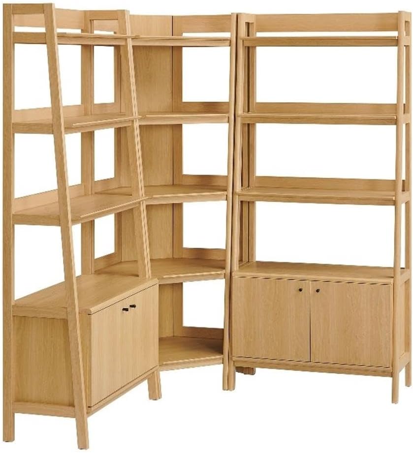 Modway Bixby 3-Piece Corner Bookshelf Set with Wide Bookshelves in Oak – 12-Tier Wood Bookcases with Open Shelves and Base Cabinets for Living Room, Bedroom, Or Home Office