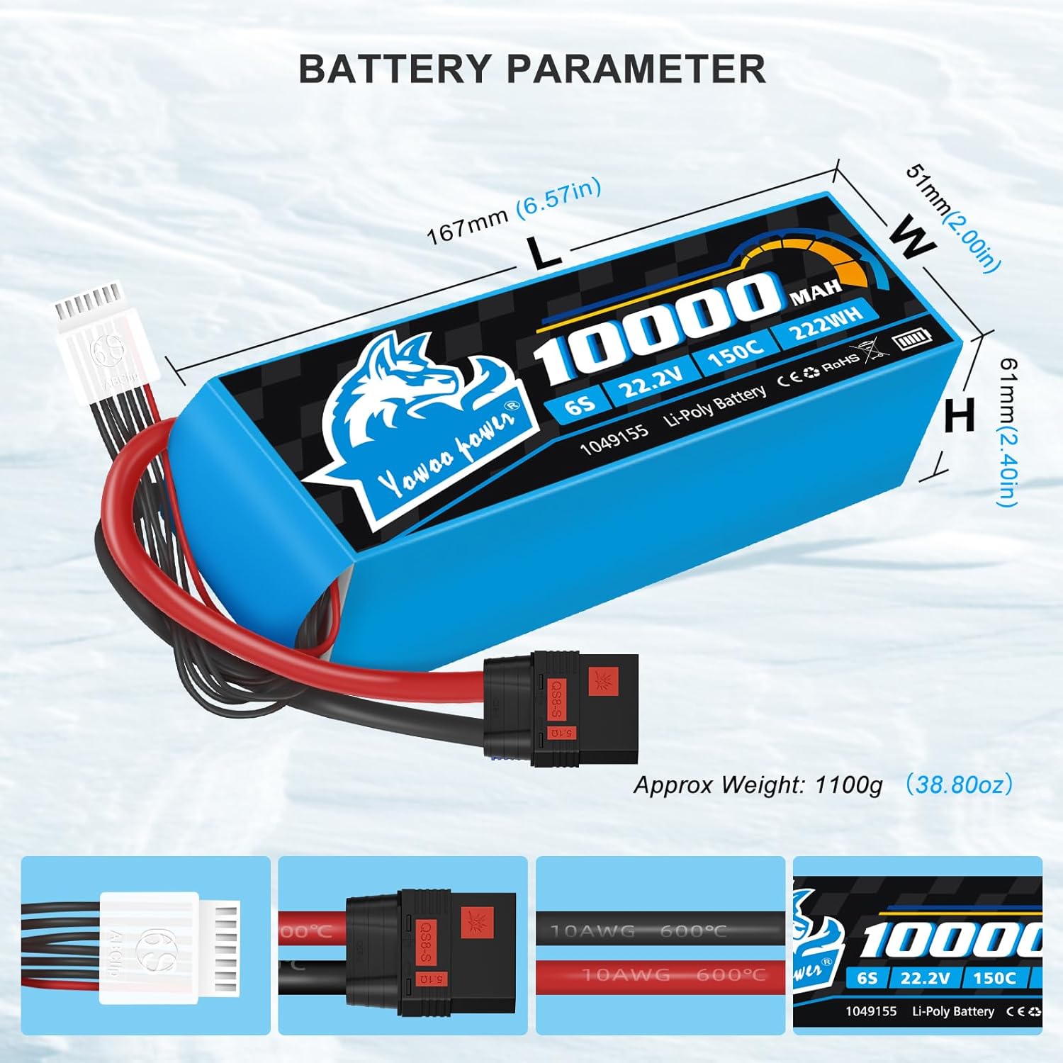 Yowoo 2 Packs 6S 10000mAh 22.2V 150C Graphene LiPo Battery with QS8 Connector and Metal Plates for RC Car Truck Tank Boat Racing Models