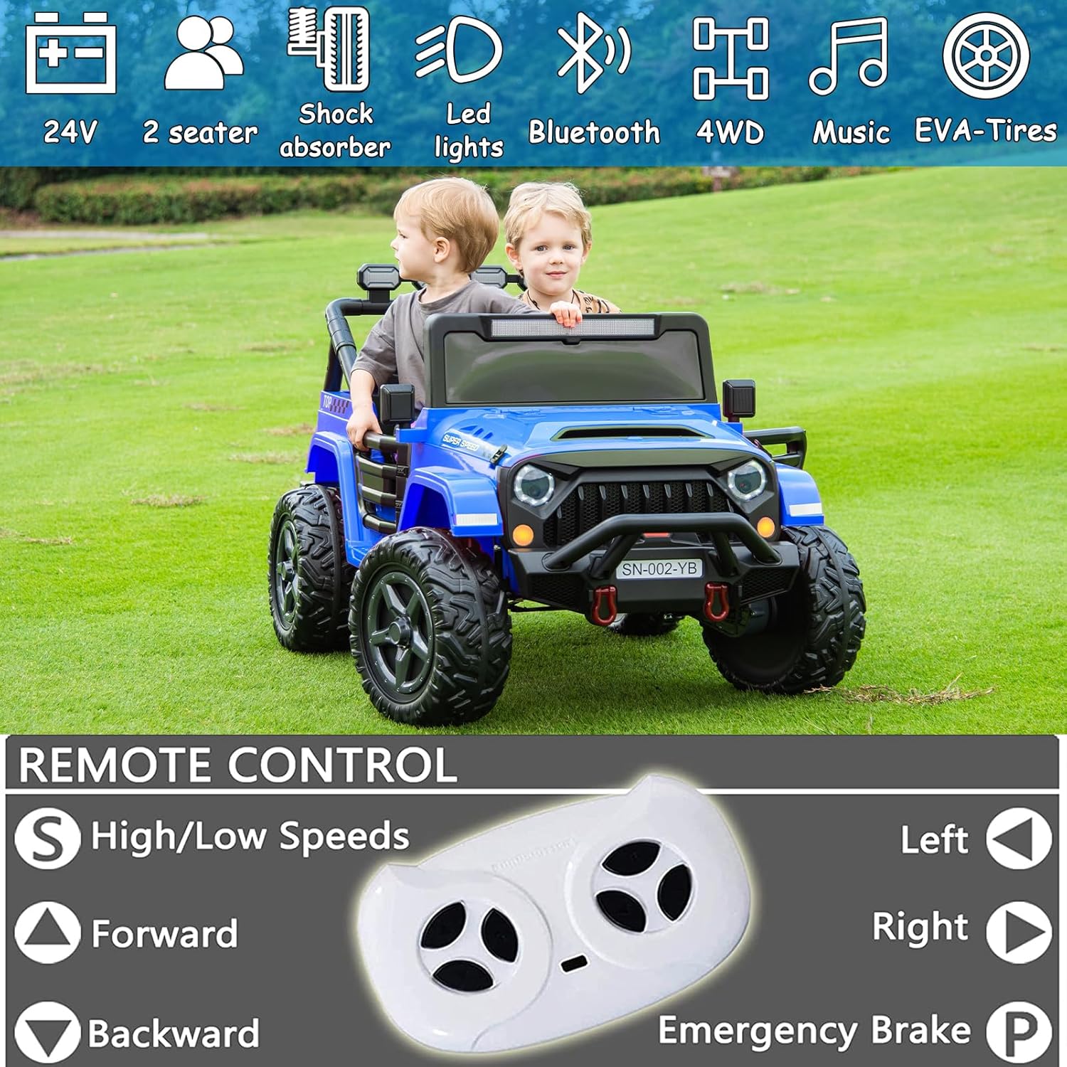Sopbost 24V 2 Seater Ride On Truck 4WD Battery Powered Electric Cars with EVA Tires Wheels Ride on Toys for Big Kids with Remote Control, LED Headlights, Spring Suspension, Blue