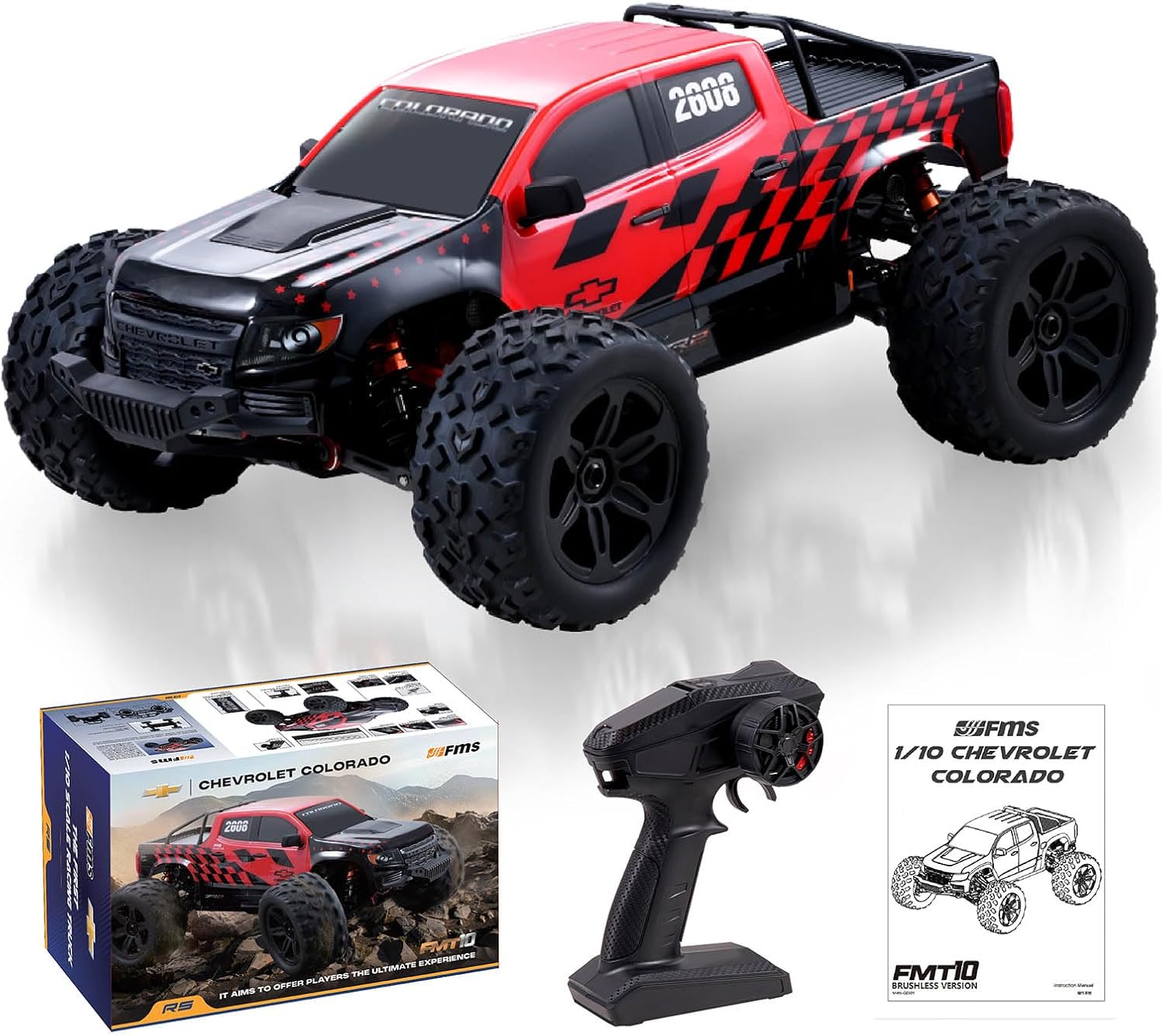 FCXㅤ FMS FMT10 1/10 Chevrolet Colorado Brushless RC Truck, 4WD Off-Road Crawler with Metal Chassis, Waterproof ESC, Hobby Grade Remote Control Car for Adults (Black and Red)