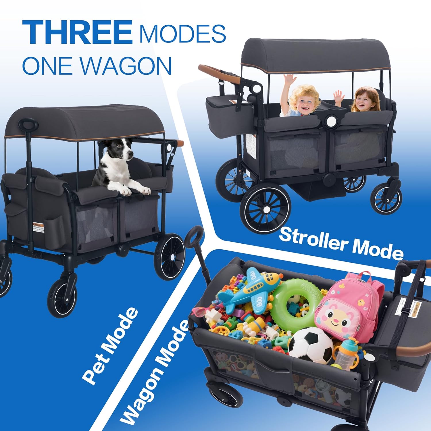 Stroller Wagon for 2 Kids, Push & Pull Kids Cart with Safety Harnesses, Foldable All-Terrain Stroller with Adjustable Handle, Removable Canopy, Snack Tray, Large Storage Bag, Gray