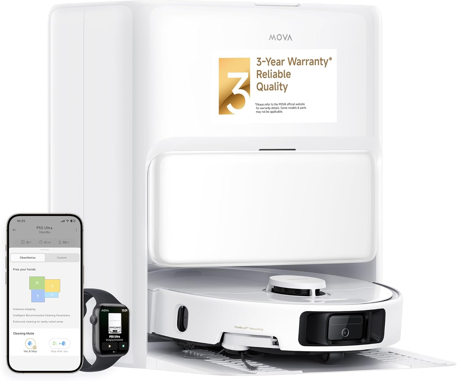 Mova P50 Ultra Robot Vacuum Cleaner with Flexible Mop, 19,000 Pa Suction Power with Anti-Tangle Brush, Corner and Edge Cleaning, 167℉ Automatic Cleaning & Self-Drying & Cleaning, Auto Empty & Refill