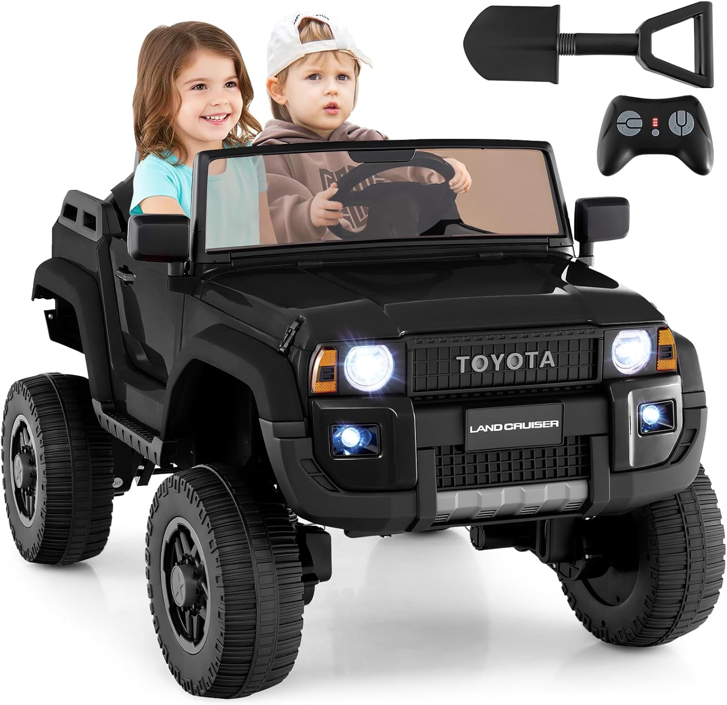 Costzon 24V 2 Seater Ride on Car for Kids, 4WD/2WD Switchable Licensed Toyota LC250 Ride on Truck w/Remote, Shovel, Music & Sounds, Electric Vehicle w/4-Wheel Spring Suspension for Ages 3+ (Black)