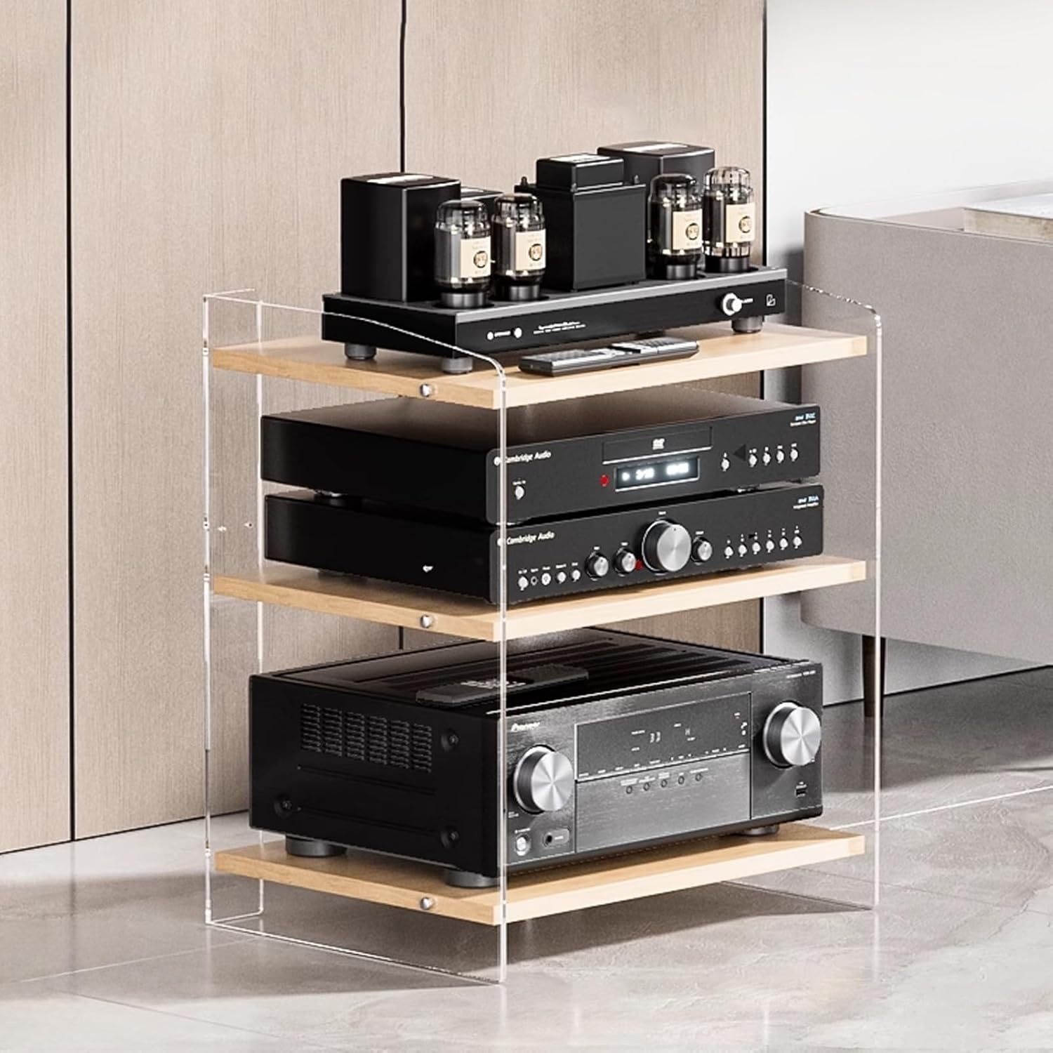 LYXWGRZD Clear Acrylic Audio Rack Wood Shelf - 3/4Tier Amplifier Cabinet with Height Adjustable for Home Theater
