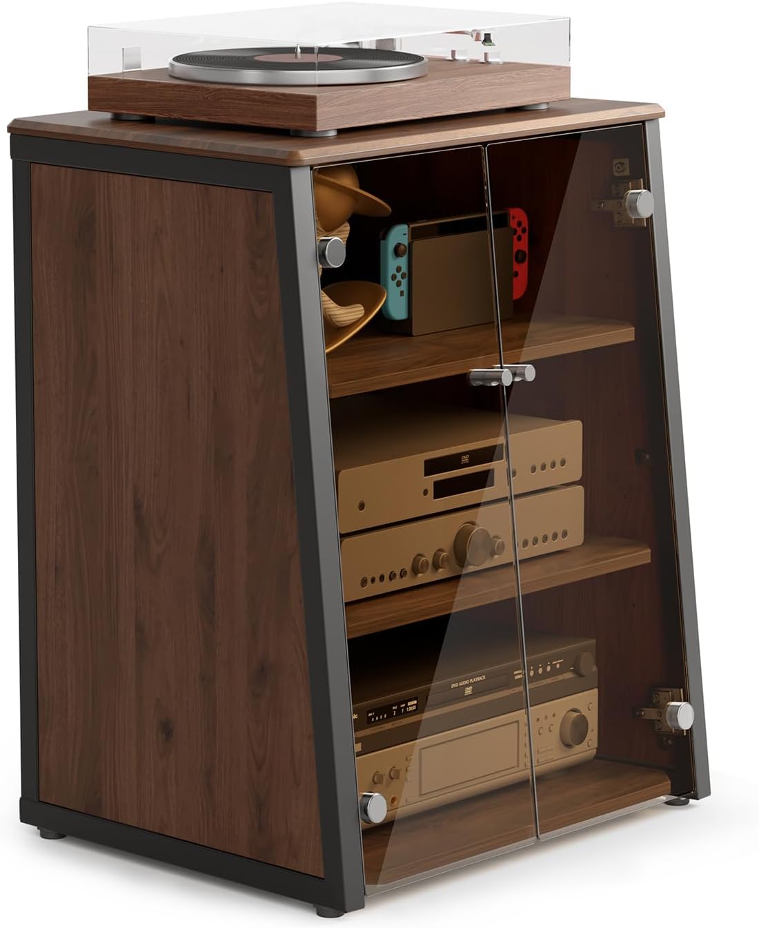 FITUEYES Design 4-Tier Media Stand with Brown Glass Doors Audio Rack with Adjustable Shelves Stereo Cabinet Protection Equipment for Vinyl Record Player Stereo Receivers Audio Gear