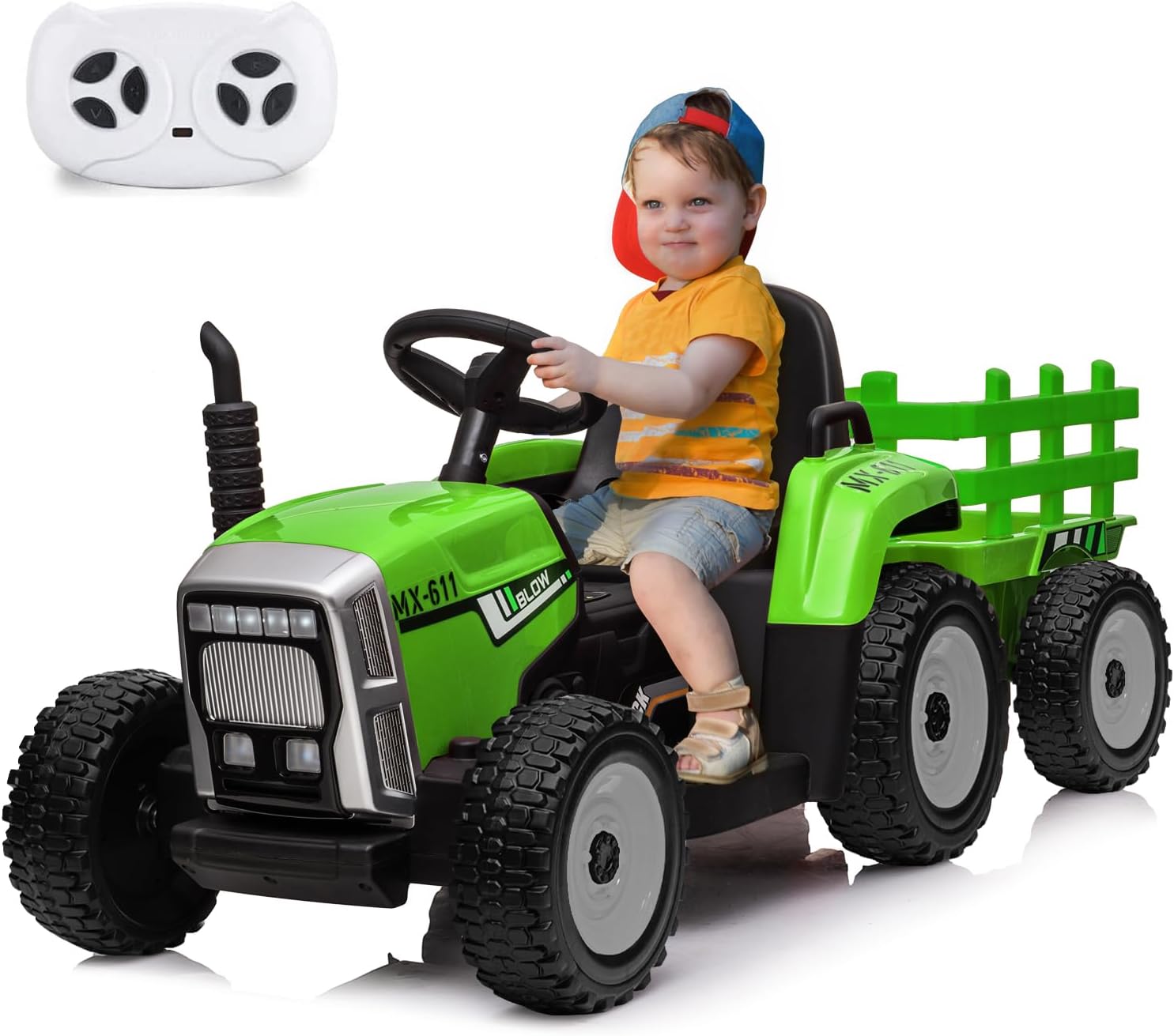GarveeLife 12V Kids Ride On Tractor With Trailer & Remote Control,Speed Up to 5mph, Toddler Electric Vehicle Car With Led Headlights,2+1 Gear Shift,Music,EVA Wheels USB for 3+ Years Children,35W Green
