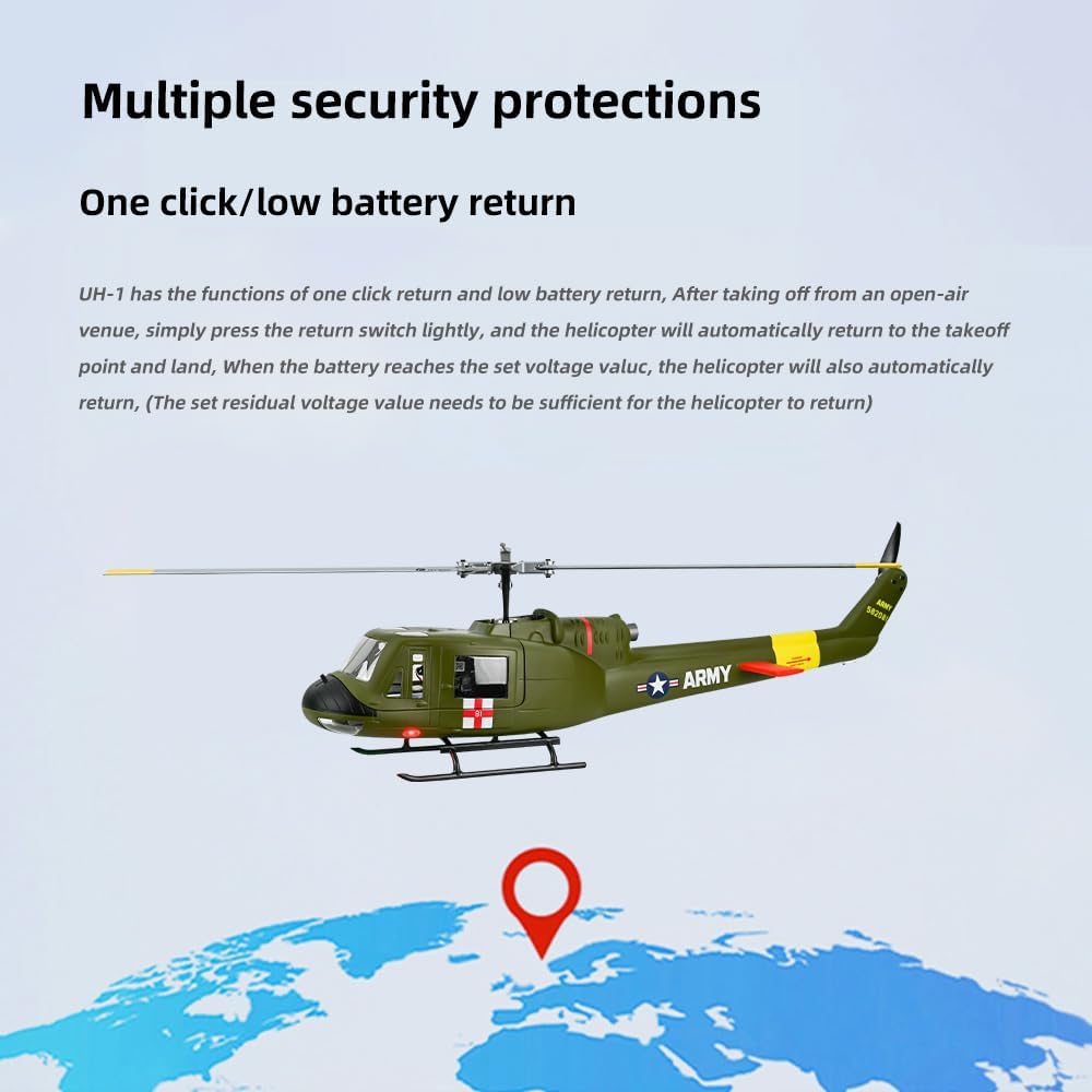 FLYWING UH1 RC Scale Helicopter with ACE Flight Control LED Light Two Blade GPS Metal Rotor 450 6ch RC Helicopters Iroquois 450L UH1 V4 Huey Helicopters RTF-Helicopter (Green)