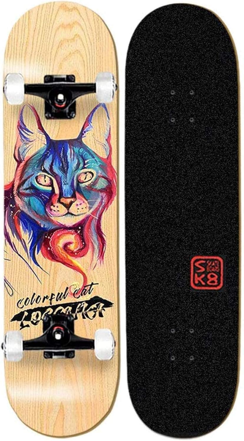 Skateboard Complete Skateboard Beginners 31 X 8 with High Density 9 Layer Canadian Maple Wood Classical Tricks Skateboard for Adults Kids and Teens Multiple Designs Fox Upgrade (Cat)