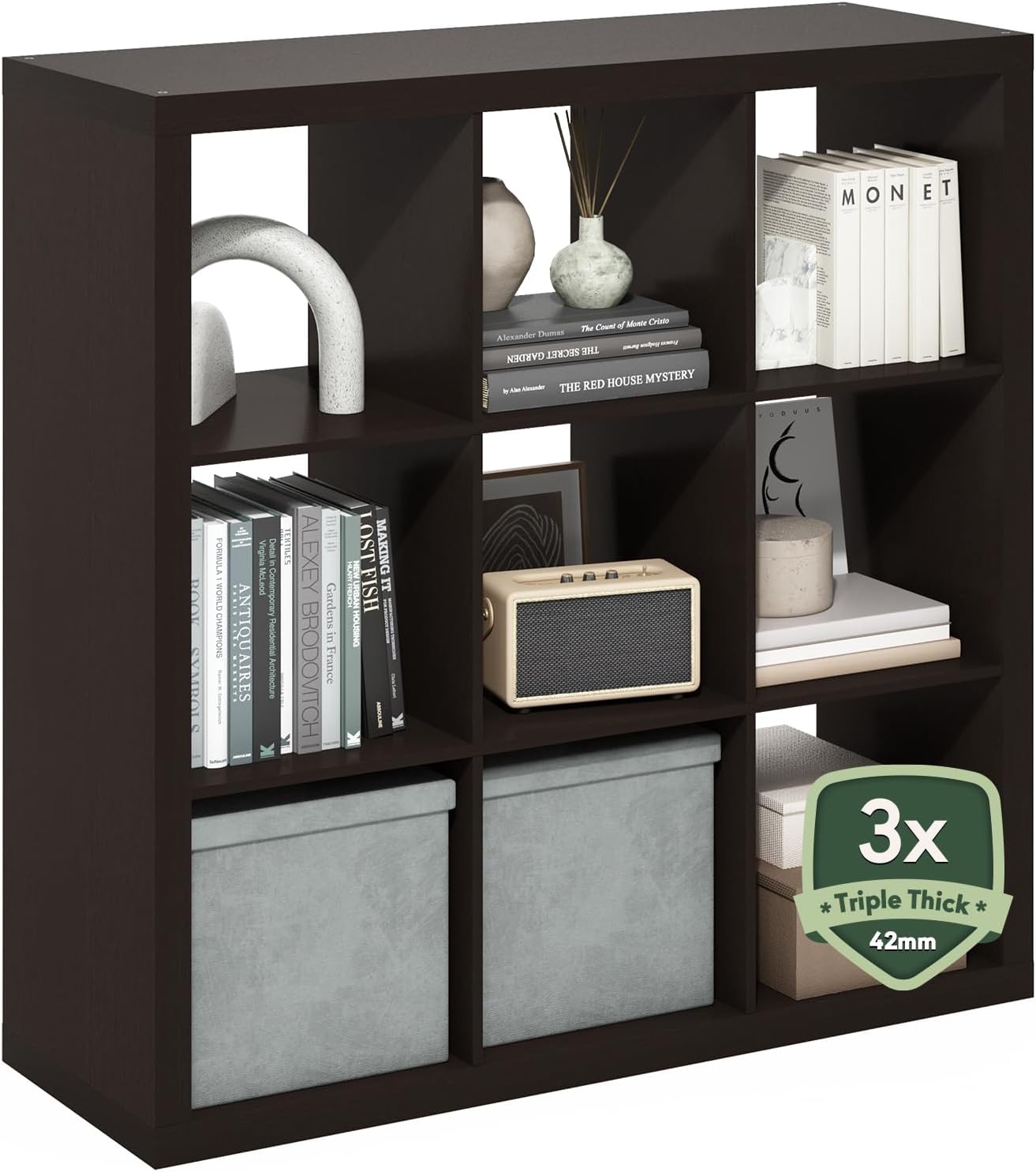 Furinno Cubicle Book Shelf, 9-Cube Bookshelf, Triple Thick Frame Cube Storage Organizer, 1.65