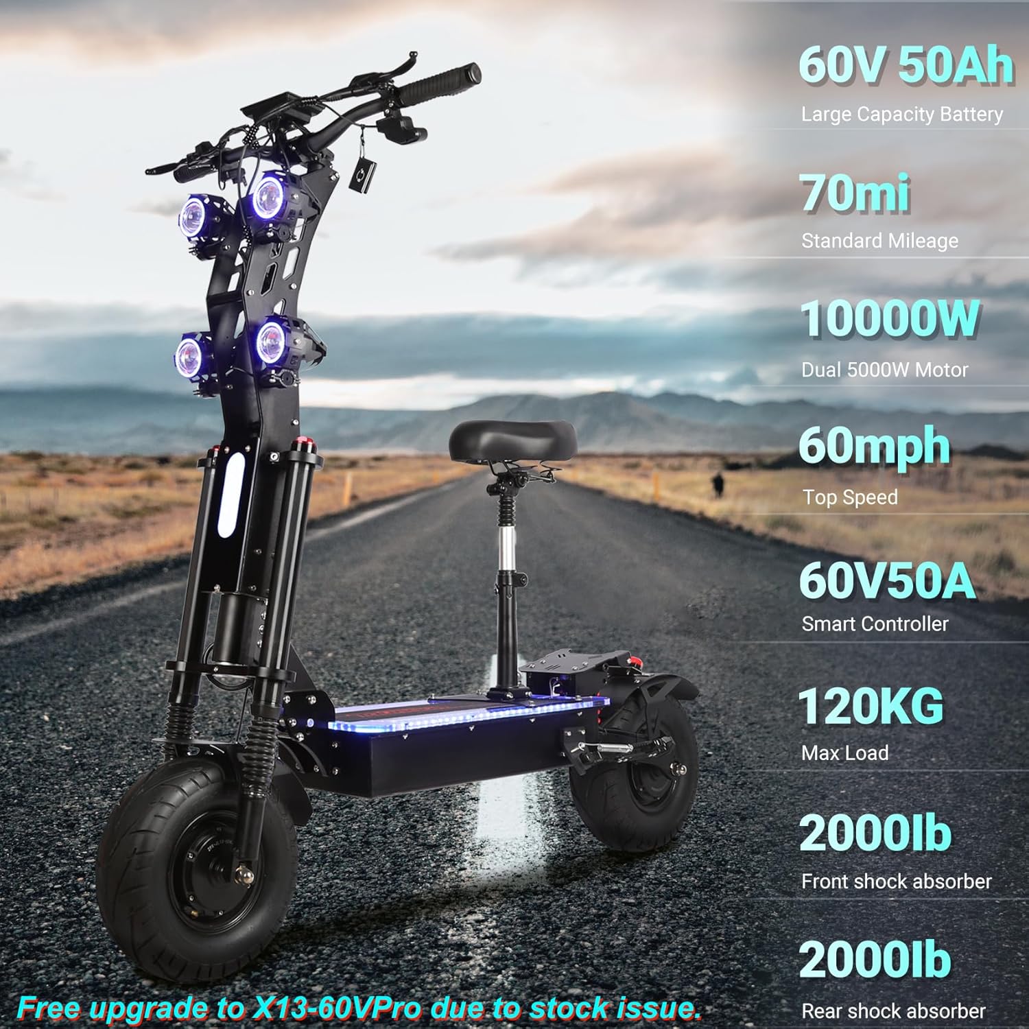 Electric Scooter Adults X1360V, Dual Drive 10,000W Motor Up to 60 MPH Speed 70 Miles Range with 13
