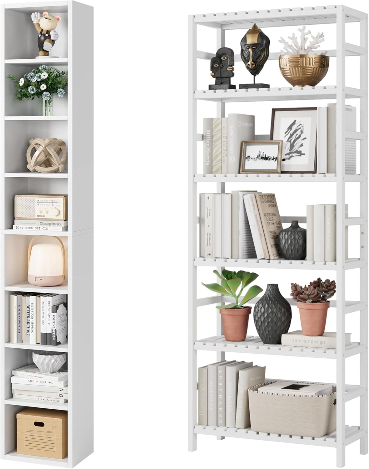 Bamjoy 8-Tier Bookcase, 71 Inches Tall Narrow Bookshelf, Slim CD DVD Media Tower Rack with Adjustable Shelves White Nightstand with 3 Drawers, Beside Table with Drawers for Bedroom