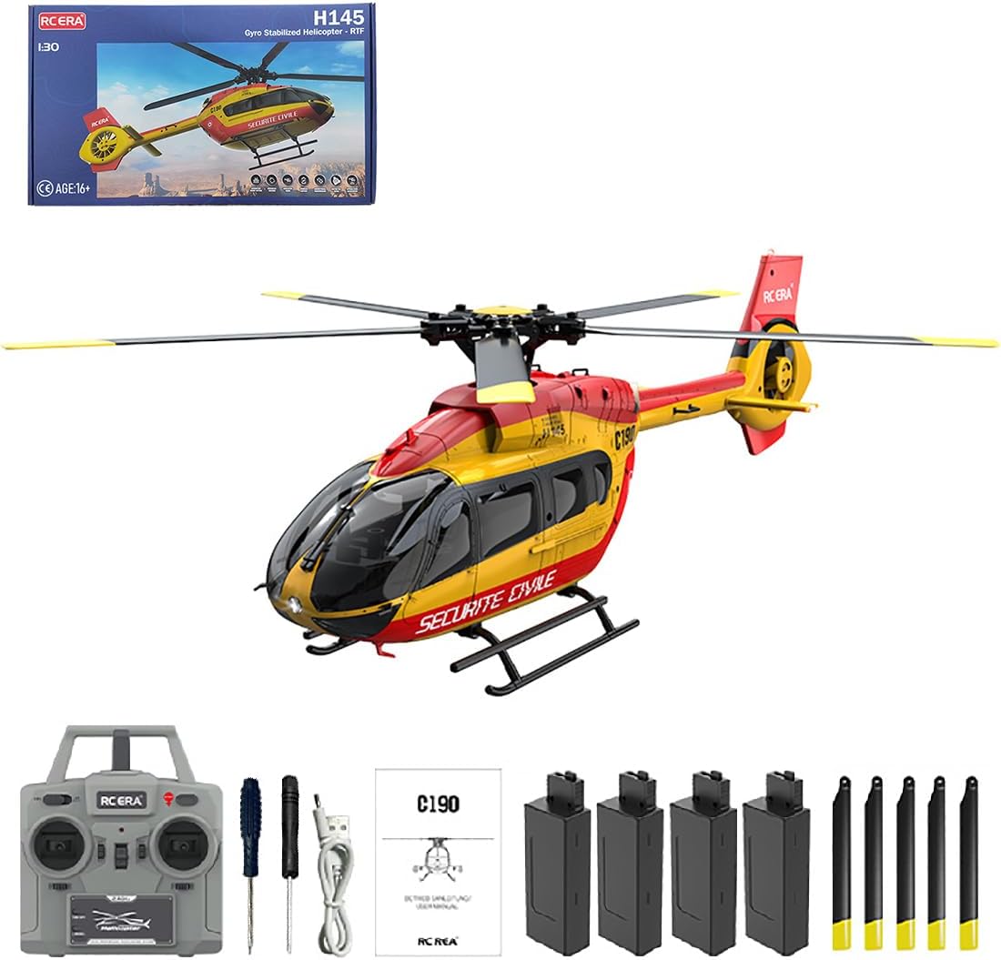 C190 RC Helicopter for Adults, 1/30 Scale H145 2.4G 6CH Single-Rotor Gyroscopic Flying Helicopter with 6-axis Gyroscope and Dual Brushless Motors for Beginners - 4 Battery