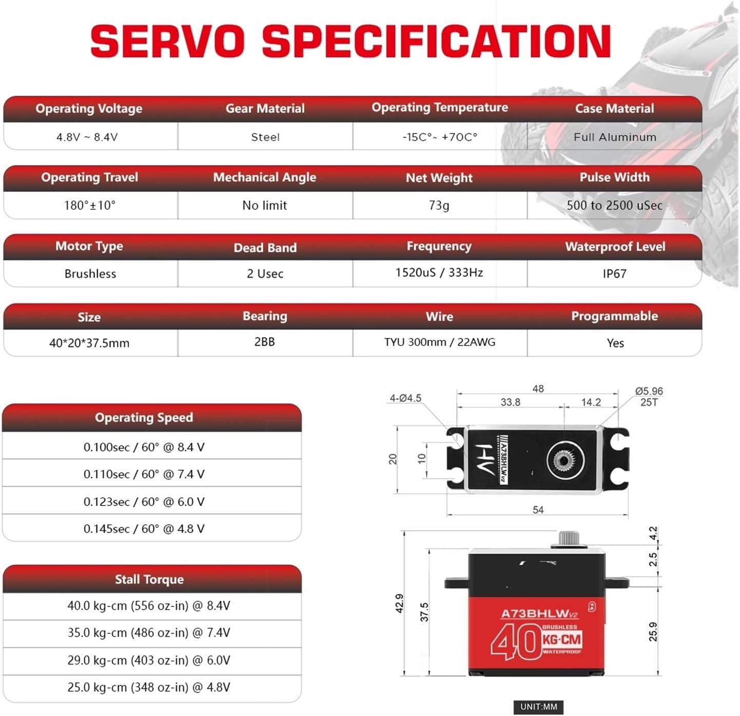 A73BHLW V2 A73CHLW V2 HV 40 kg 32 kg Metal Gear Waterproof IP67 Brushless Standard servo for 1/10(A73BHLW 40kg Set1)