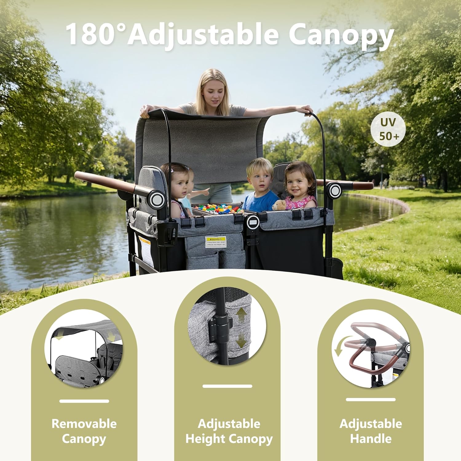 Kinder King Wagon Stroller for 4 Kids, All-Terrain Foldable Outdoor Stroller Wagon 4 Seater, Removable Canopy, Adjustable Handle, Shock-Absorbing Wheel, Detachable Tray, Large Storage, Black&Grey