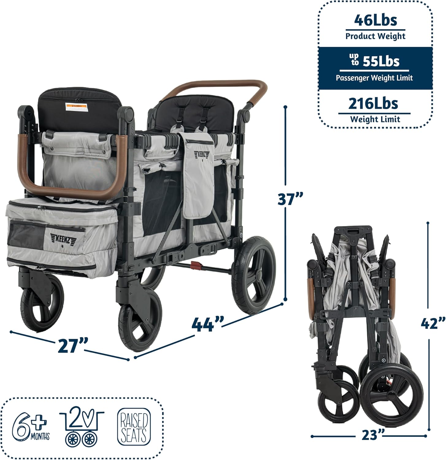 Keenz XC EVO - Luxury 2 Passenger Stroller Wagon for Kids | Foldable 2 Passenger Quad Seater with Adjustable Canopy | Gray