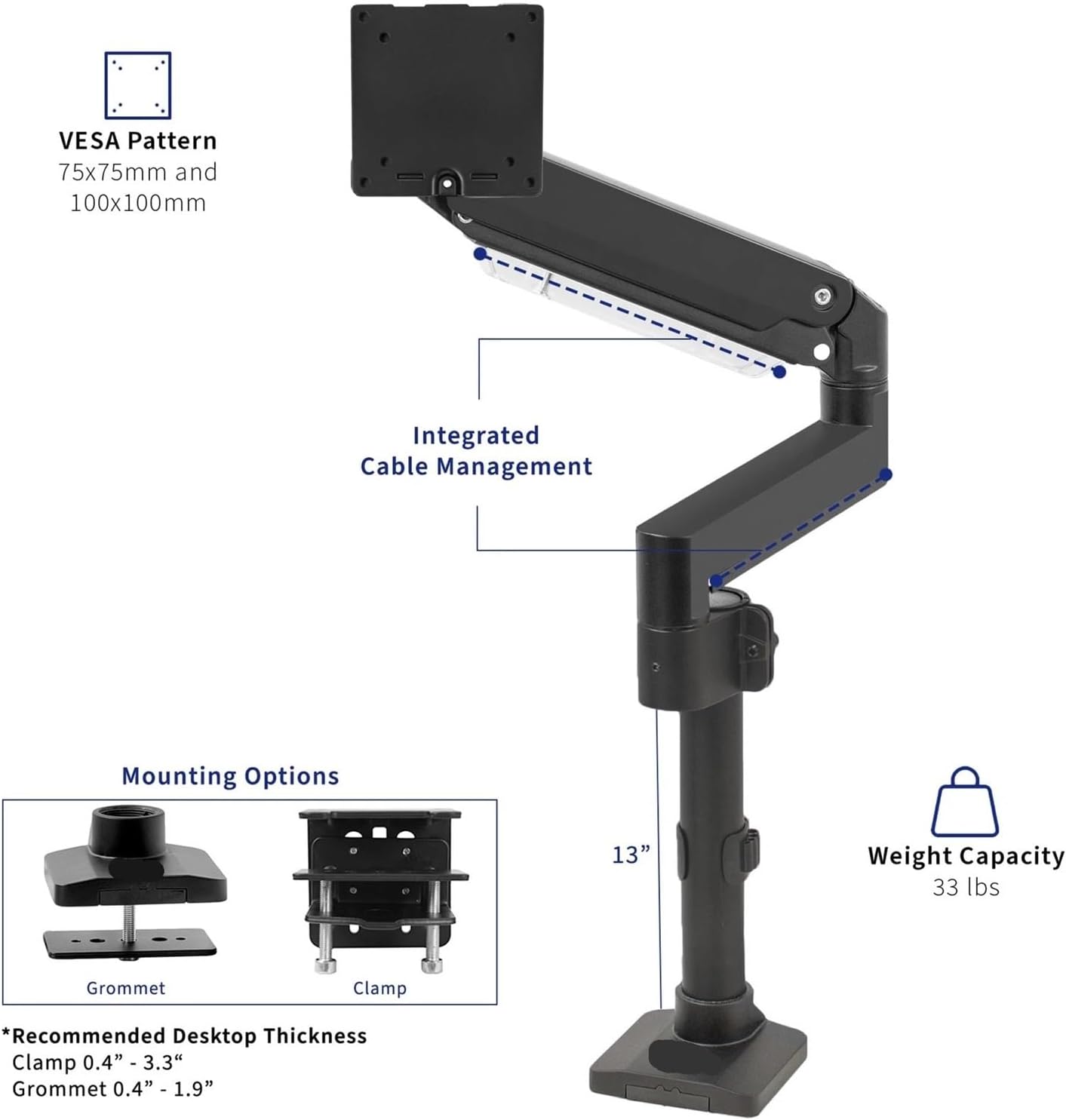 Single Monitor Stand Desk Mount with Gas Spring for Ultra-Wide Monitors up to 49 inches