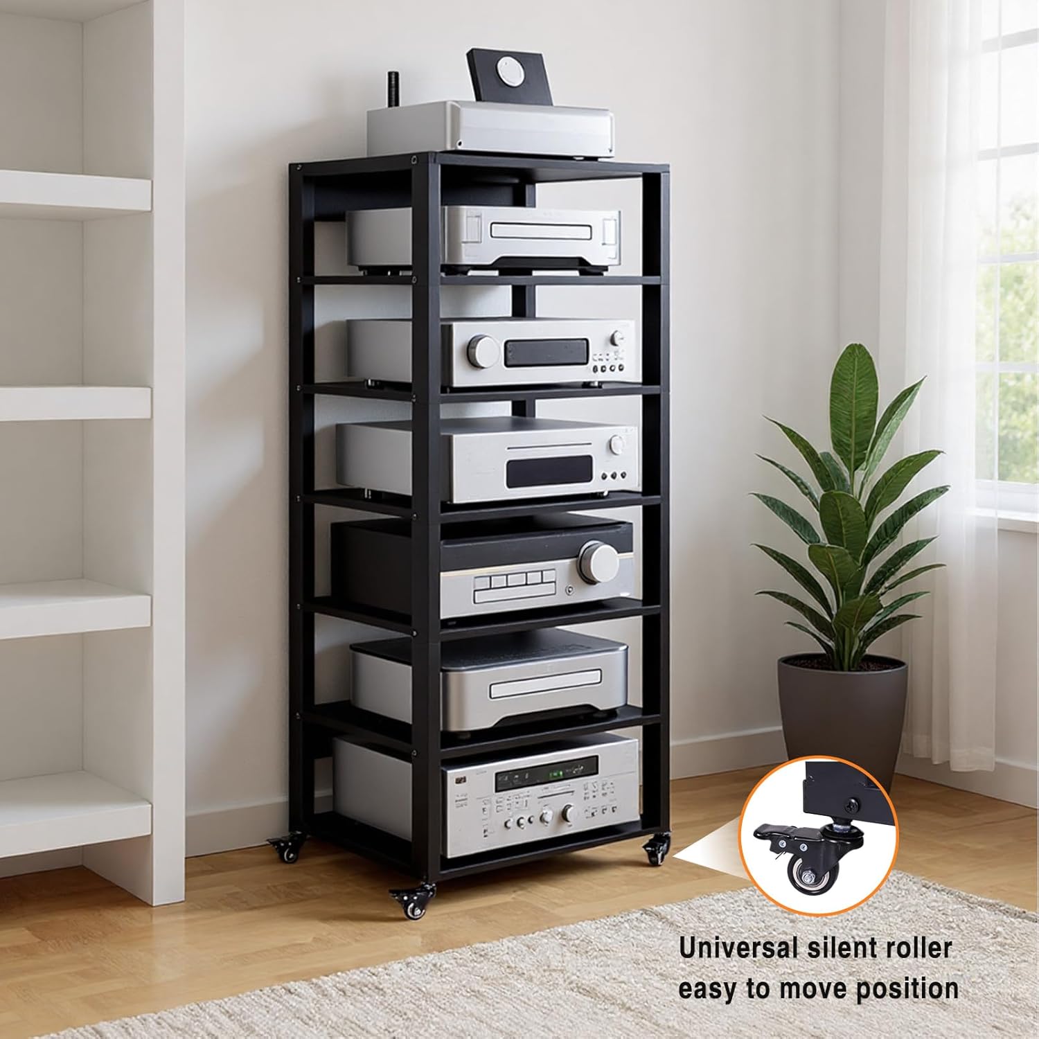 Audio Component Rack with Wheel Audio-Video Shelving Adjustable Media Console Cabinet Shelf Heavy Duty for CD Record Player Stereo Receiver AV Equipment