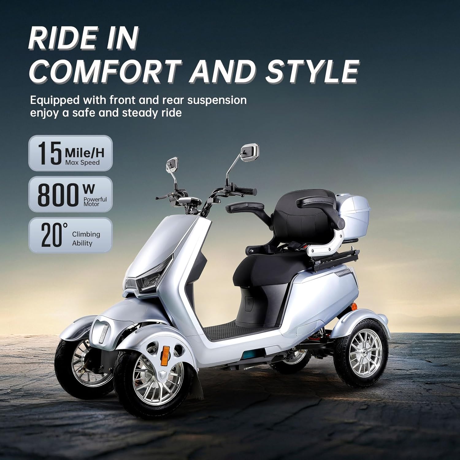 Mobility Scooters for Adults & Seniors, Heavy Duty 4-Wheel 3-Speed Electric Powered Wheelchair Device, Elderly-Safe Belt Rear Lockbox Under Seat Storage Adjustable Seat (Silver)