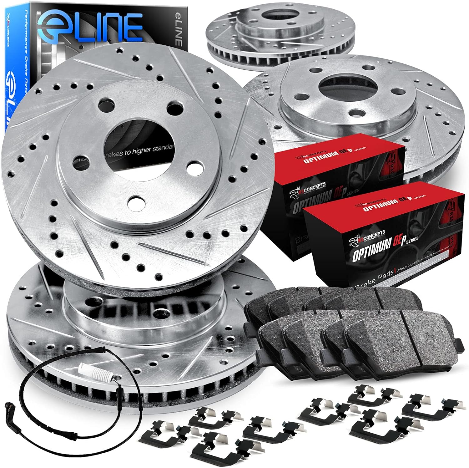 R1 Concepts Front and Rear Brake Kit For 2016-2020 Lexus GS, 2015-2021 Lexus RC F| Drilled Slotted Brake Rotors| Optimum OEP Brake Pads and Rotors Kit| Hardware, Sensor included