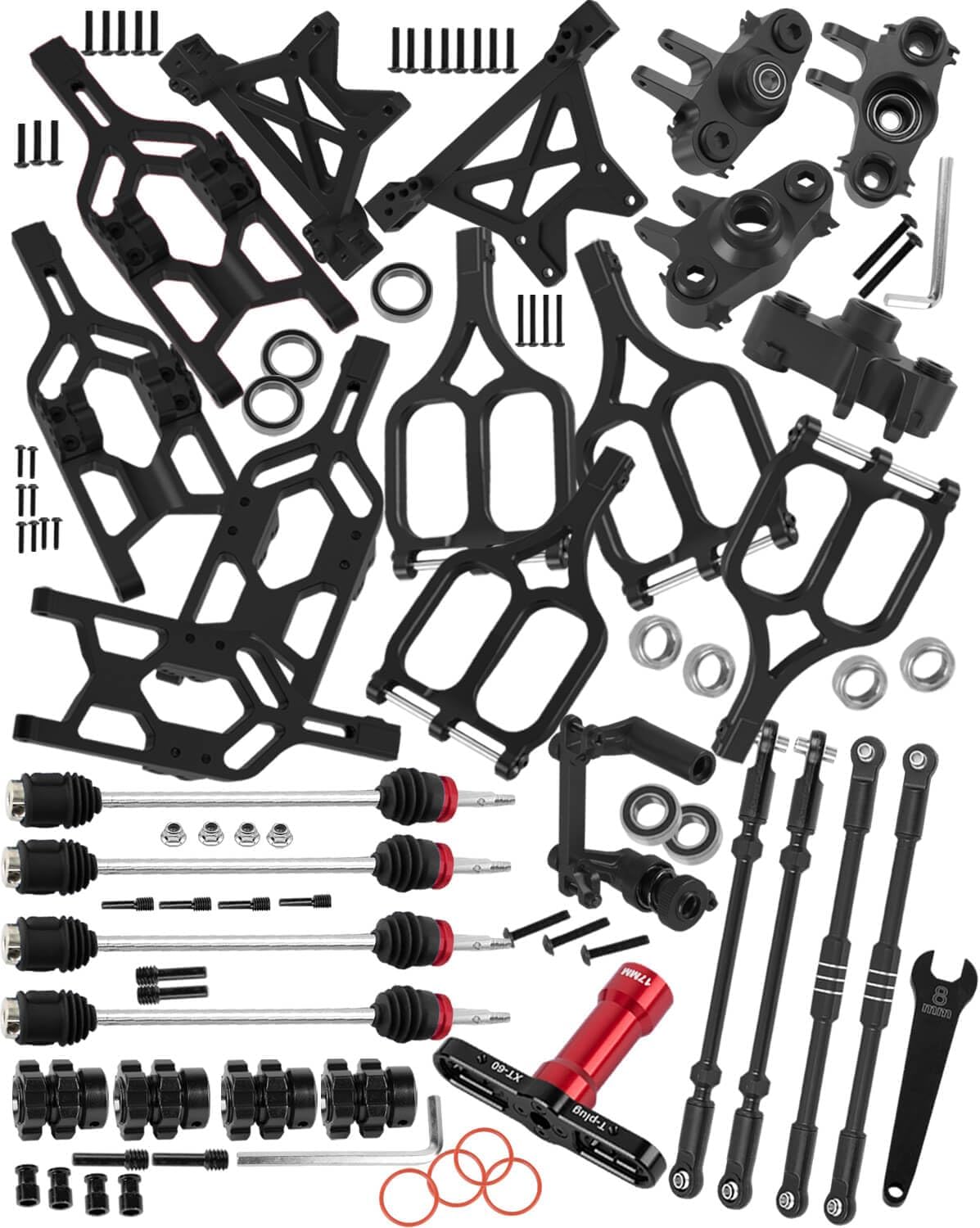 RC Alloy Suspension Arms&Steering Block Knuckle Arm&Shock Tower&Drive Shaft Axles&Push Rod Links&Steering Bellcranks Upgrades Part for 1/10 T-Maxx/E-Maxx,Driveshafts Hops Up,Black