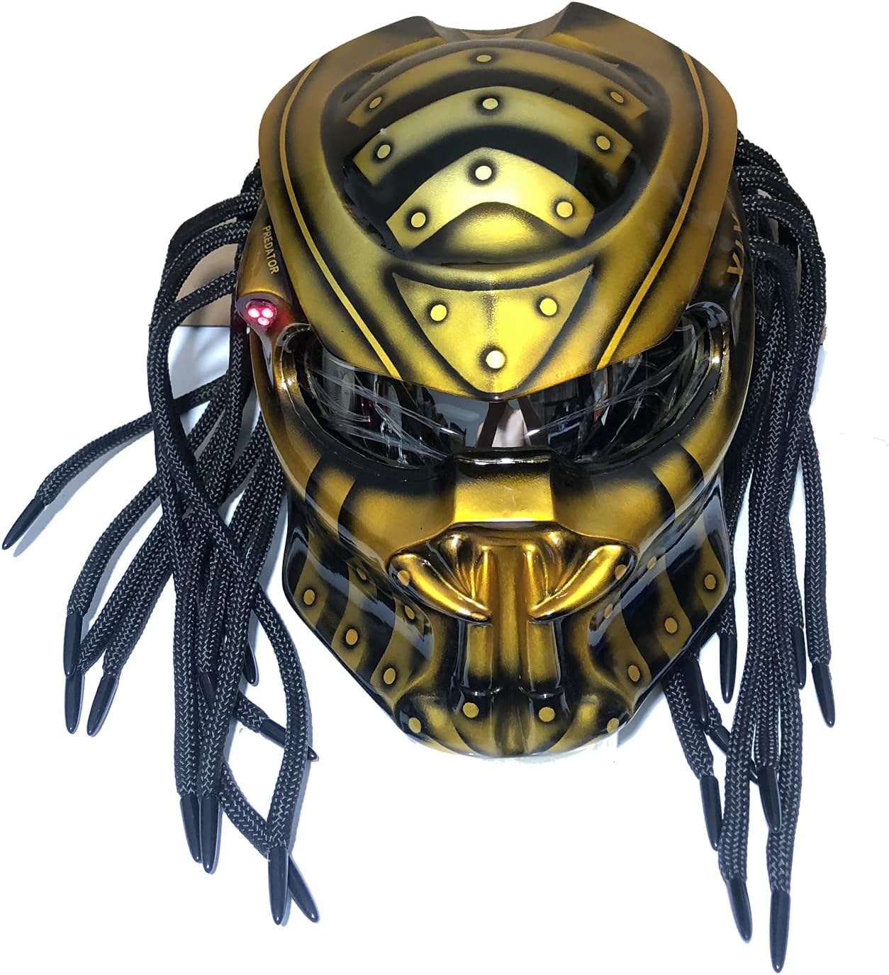 Motorcycle Helmet, Creative Predator Motorcycle Locomotive Full Face Helmet with Led Warning Lights and HD Anti-Fog Lenses for Outdoor Riding Or Club Parties, DOT Certified,Gold a,L