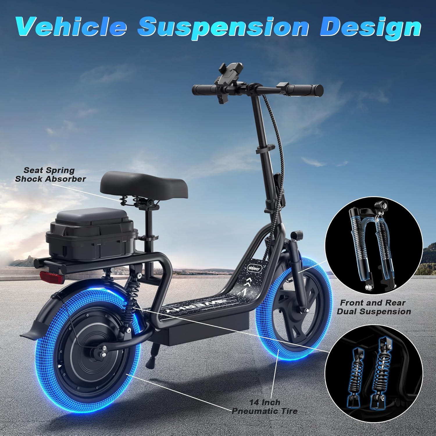 WERHY Electric Scooter,500W Motor, 14'' Tires, Top Speed 22 mph, Max 27/49 Miles Ranges, Foldable E-Scooter with Suspension &Adult with Seat, Digital Display, Cruise Control,Rear Seat Box/Basket