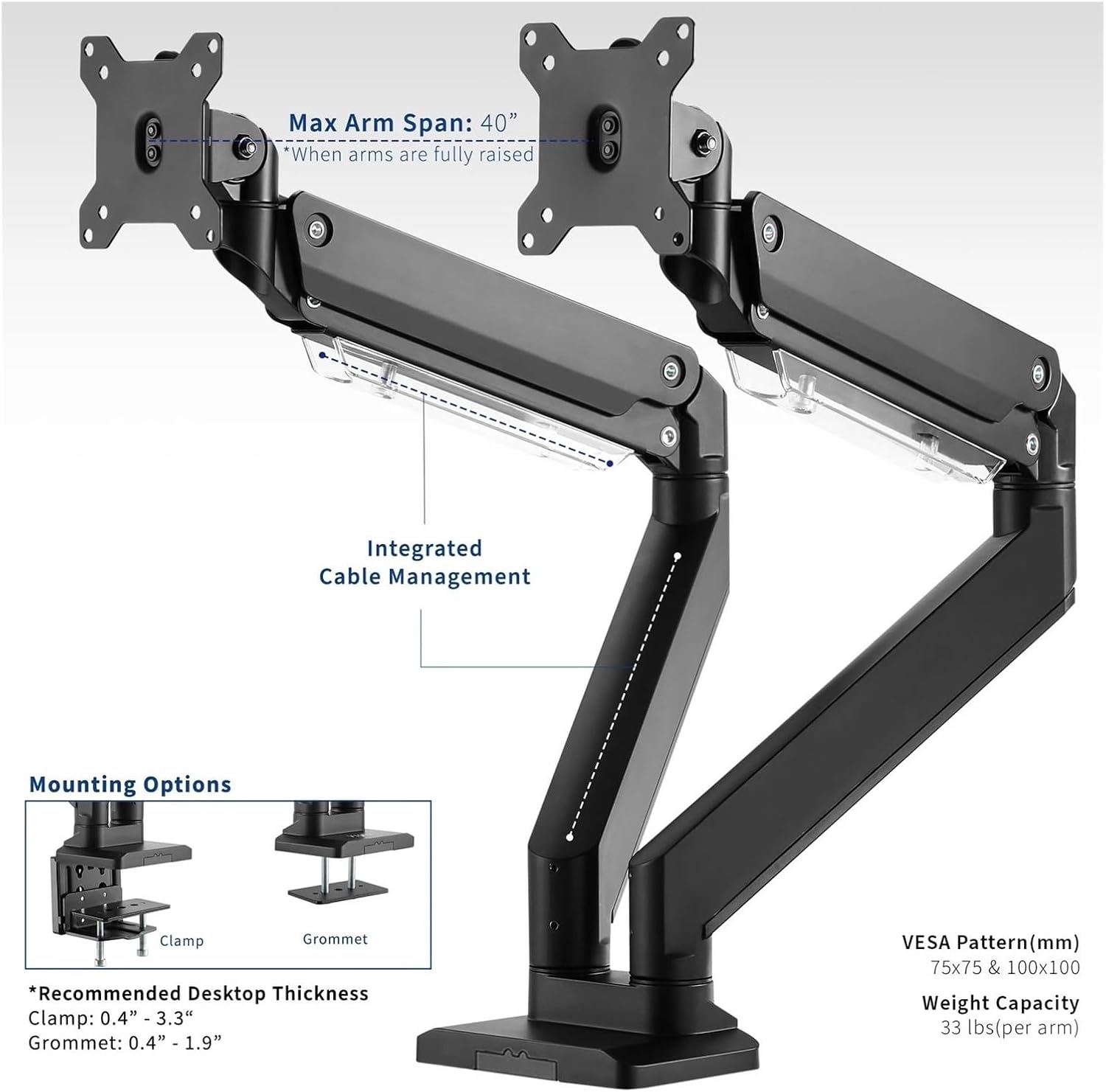Dual Monitor Balanced Desk Mount for Ultra-Wide Screens up to 38 inches -