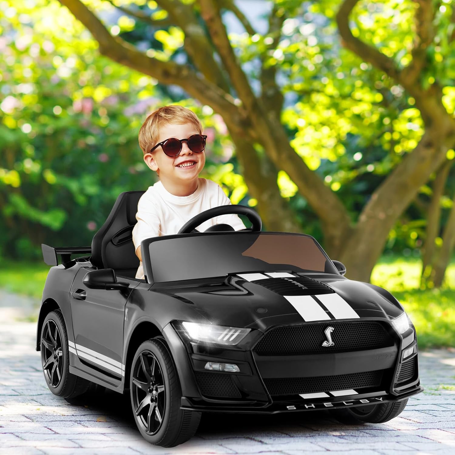 Licensed Ford Mustang Shelby GT500 Ride on Car for Kids by OLAKIDS, 12V Electric Vehicle with Remote Control, Toddlers Battery Powered Toy Gift with 2 Speeds, LED Lights, USB, FM, Music, Horn