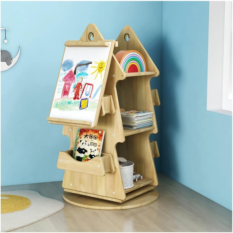 360 Degree Rotation Kids Bookshelf, Home Kindergarten Playground Tree Shaped Bookcase，Toy Book Display