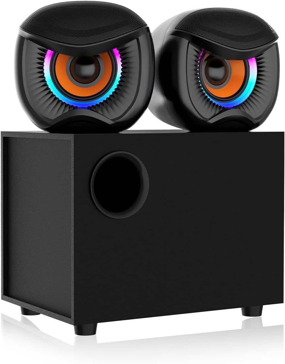 2.1 Channel Computer Speakers with Subwoofer, Black Metal Mesh, RGB LED Lighting, Theater-Grade Sound System for Gaming PC TV, Dual Satellite Design, 2025 Upgraded Model