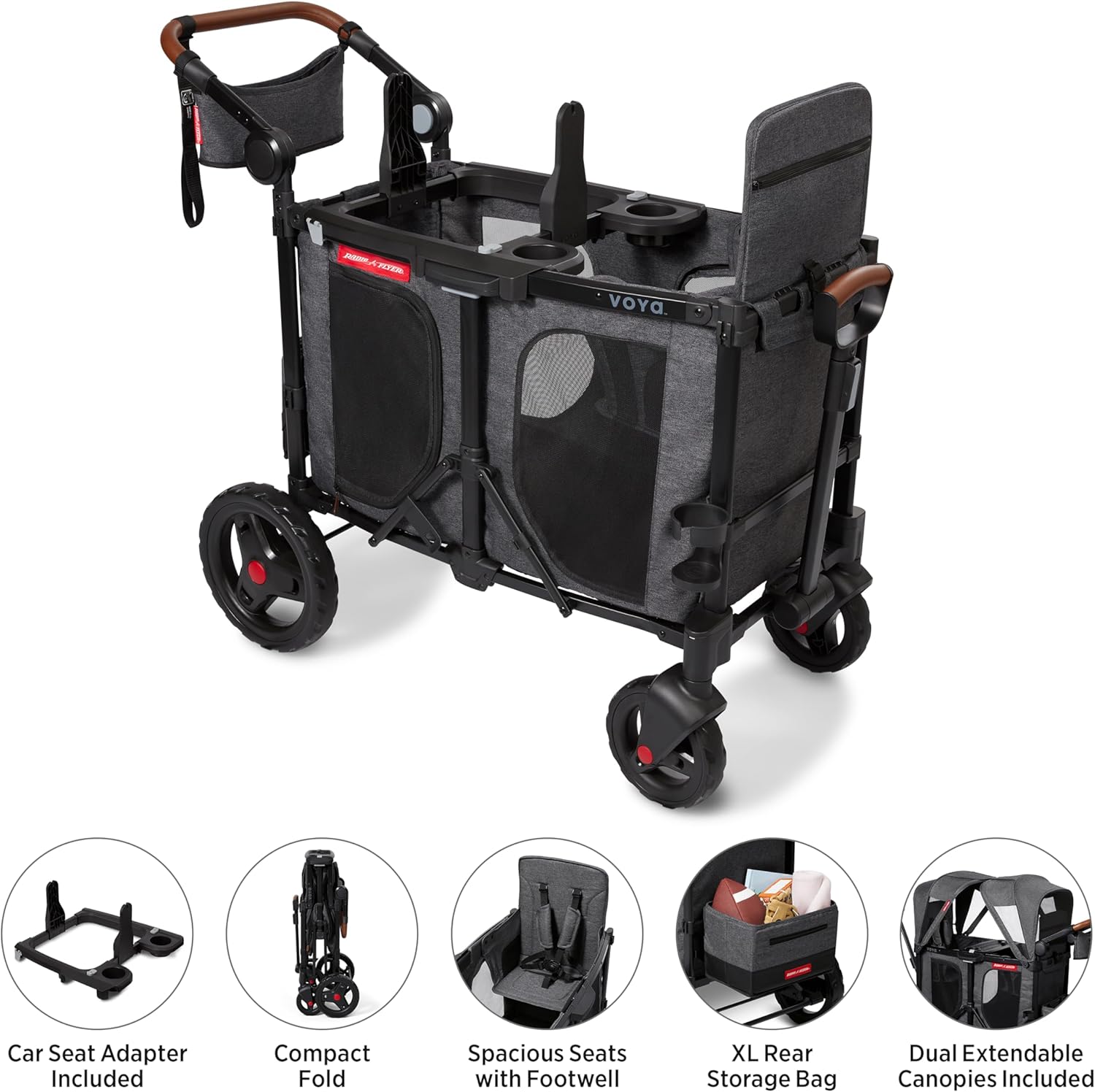 Radio Flyer Voya XT Stroller Wagon and Graco Car Seat Adapter Bundle, 2-Seater Collapsible Wagon with Tall Sides and Adjustable Canopies, Gray