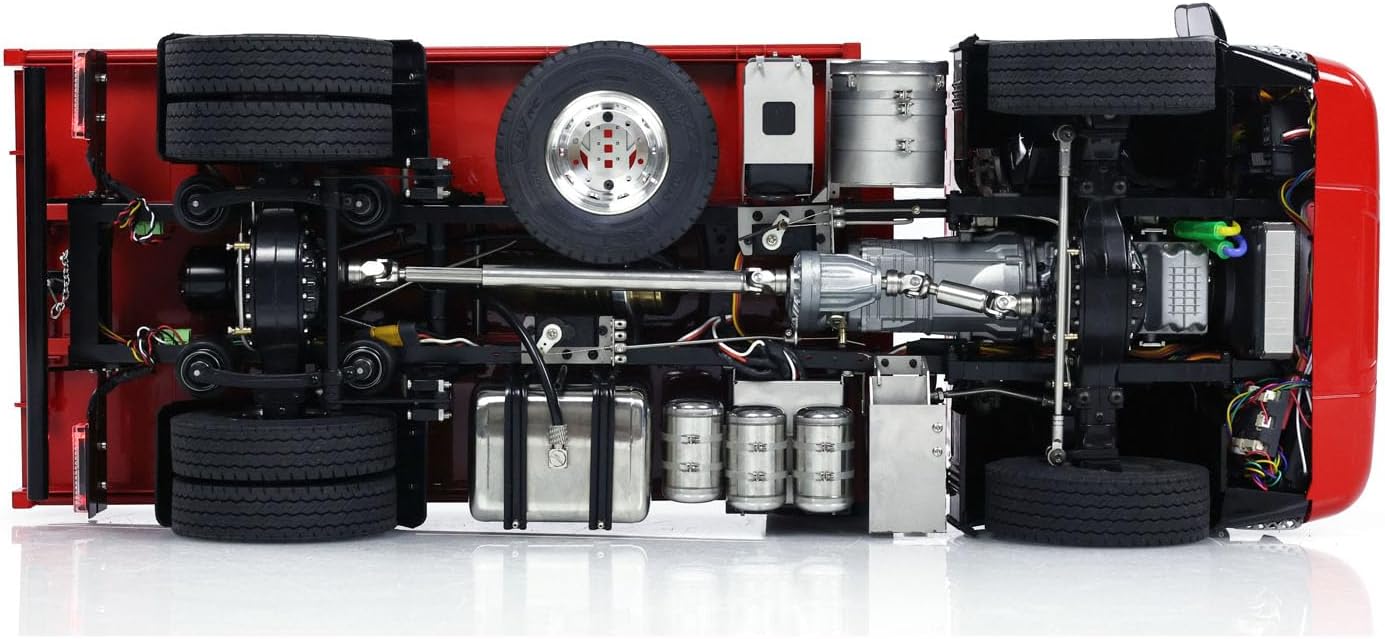 1/14 4x4 RC Hydraulic Dumper Car Remote Control Dump Truck Metal Tipper Model 3-Speed Transmission Differential Lock Axles Light Sound System Hobby Grade Model for Adult(Red)