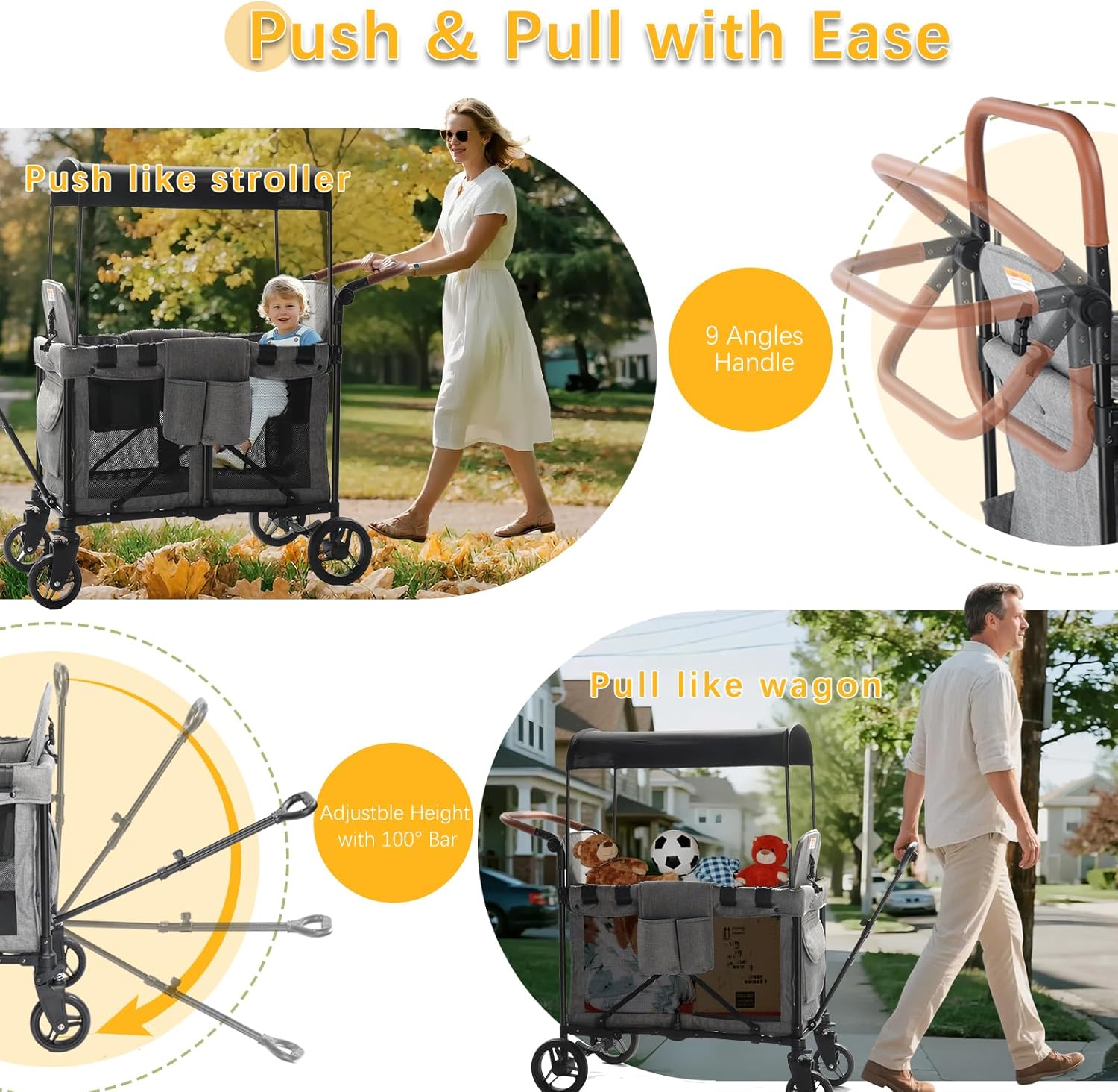 Stroller Wagon for 2 Kids, Baby Wagon Stroller for 2 Seaters, All-Terrain Kids Wagon with Canopy, Parent Organizer, Adjustable Handle & Pull Bar for Infants and Toddlers (Gray)