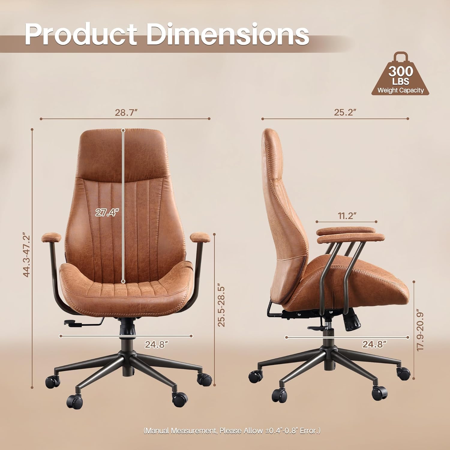 HOOOWOOO Faux Suede Leather Home Office Desk Chair,MCM Modern Ergonomic Task Work Chair,Computer Gaming Chair with Cushion Seat Lumbar Support Reclining High Back for Long Hours(Brown)