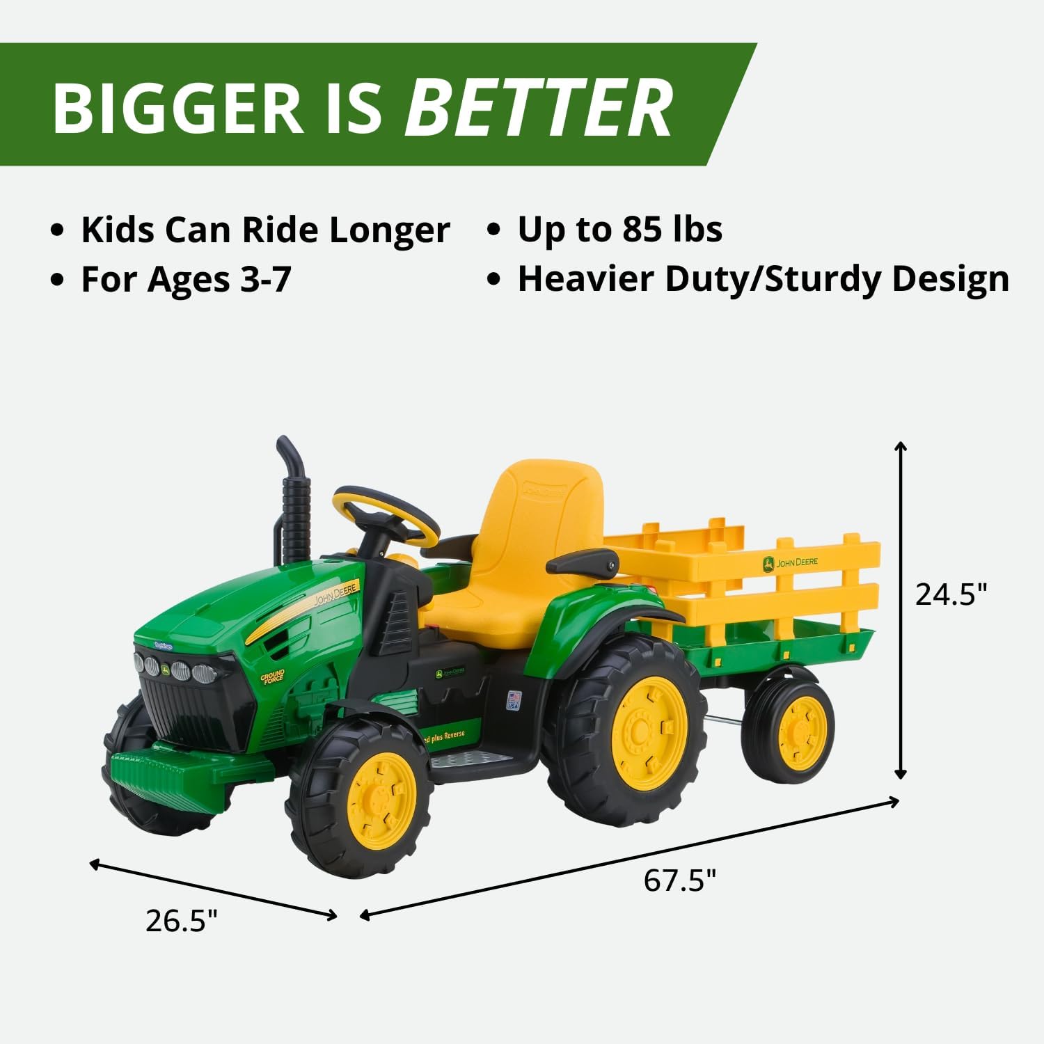 Peg Perego John Deere Ground Force Extra-Large 12 volt Ride-On Tractor with Trailer & FM Radio, Durable Design for Kids Ages 3-7