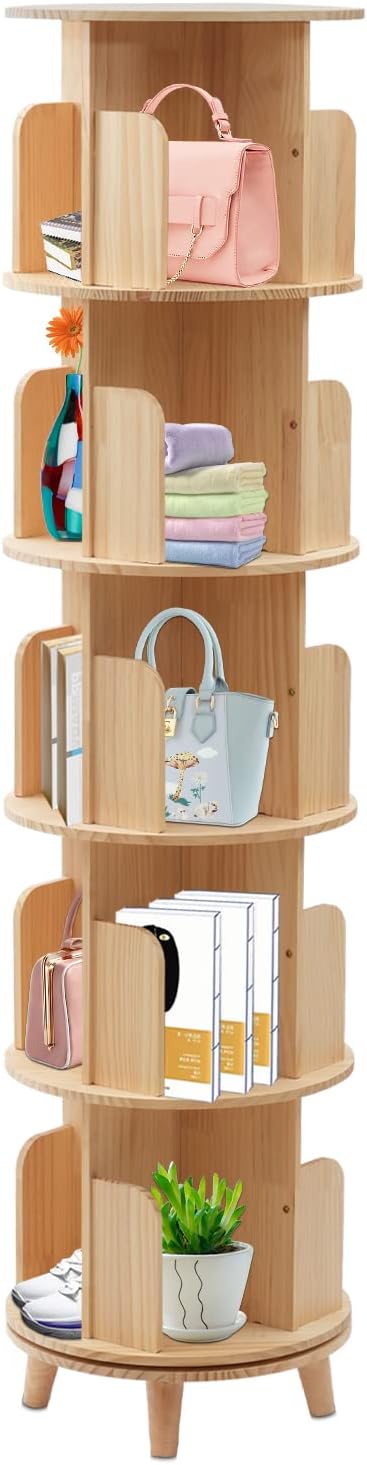 DYRABREST Floor Standing Bookcase, 360° Rotating Bookshelf with Leg Freestanding Wood Display Stackable Bookcase, Multi-Functional Bookshelf Organizer for Living Room Bedroom (5 Tier)