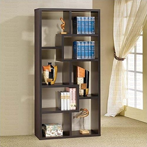 BOWERY HILL 10-Shelf Geometric Asymmetrical Bookcase in Cappuccino