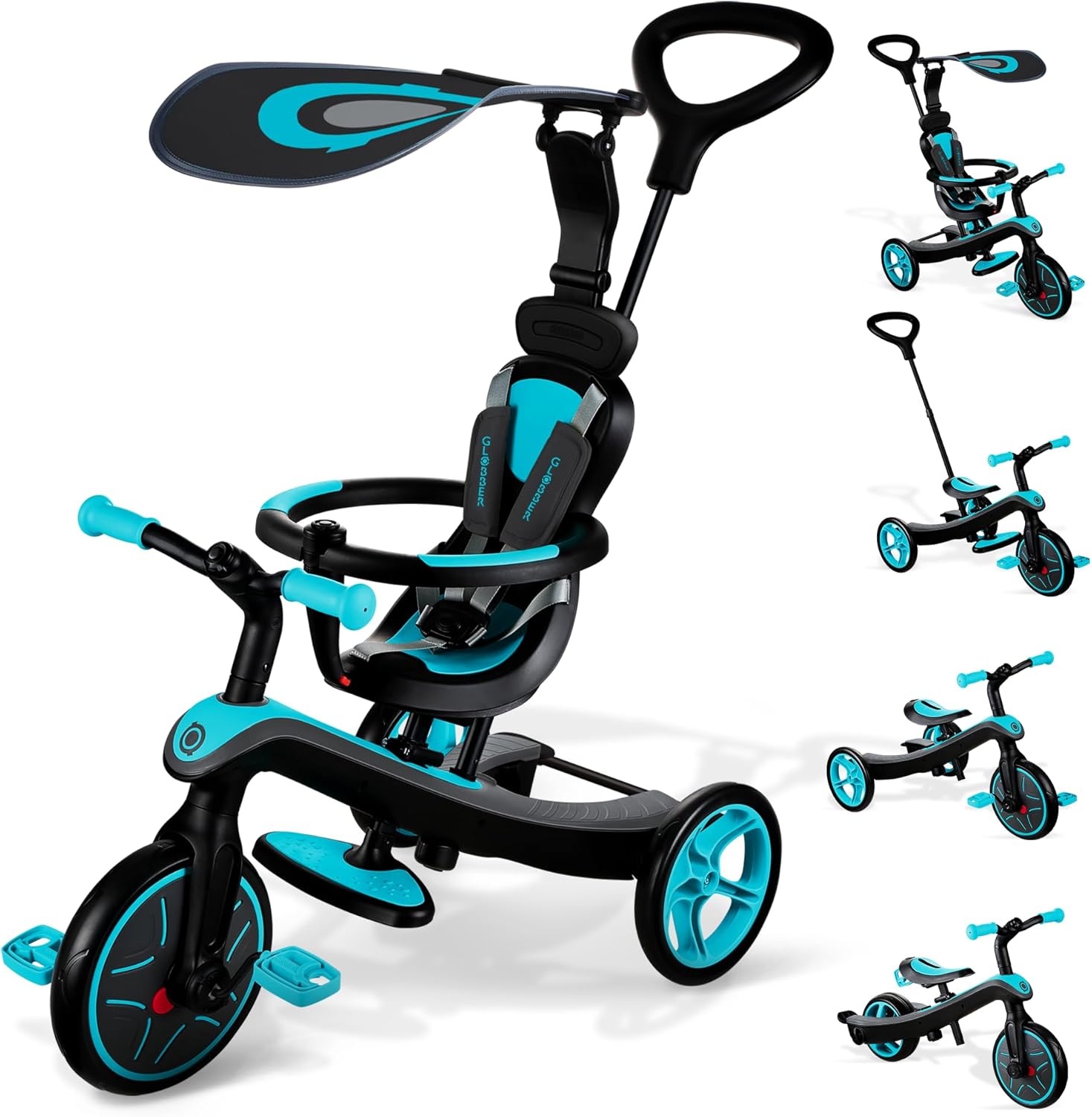 Globber 4-in-1 Toddler Trike Push Bike Stroller – Learning Tricycle for Toddlers Converts Into Balance Bike – Safe Outdoor Ride On Toys for Kids (Teal)