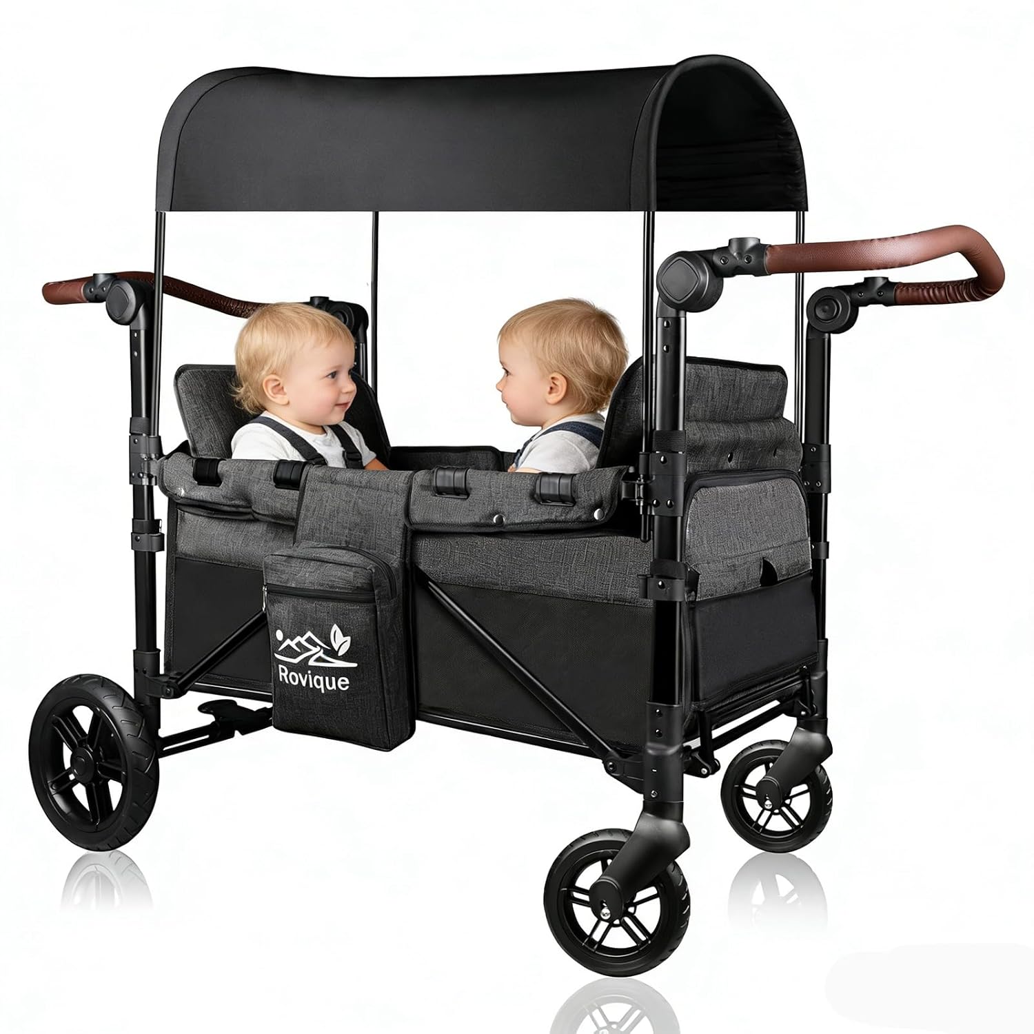 Wagon Stroller for 2 Kids, All-Terrain Stroller Wagon with Extra Long Extender, Aluminum Foldable Baby Wagon with Convertible Seats, Removable Canopy, Snack Tray, Adjustable Push/Pull Handle