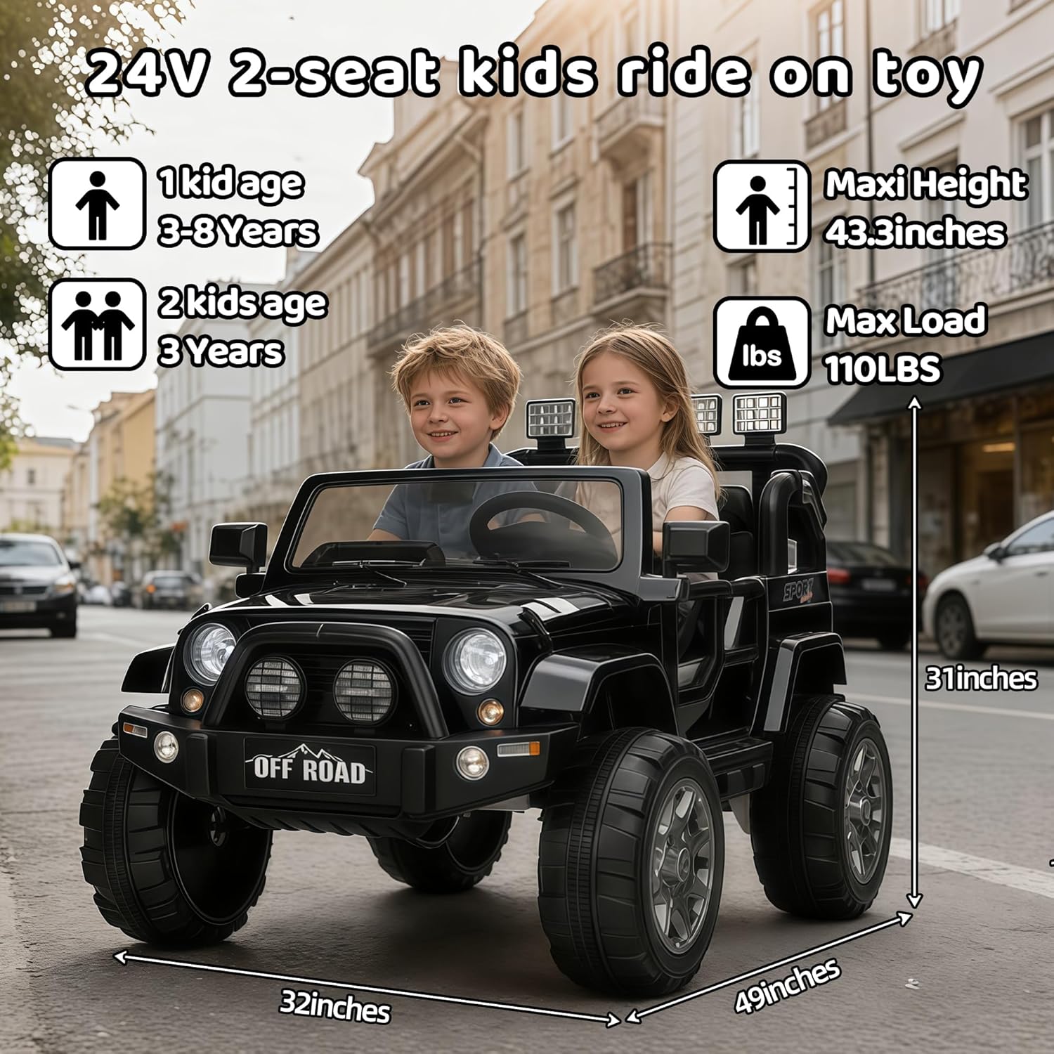 24V Electric Car for Kids, 2-Seater Ride on Toy Car Truck for Big Kids Age 3-8, Remote Control, Music, Safety Belt, LED Light, Birthday Gift Black