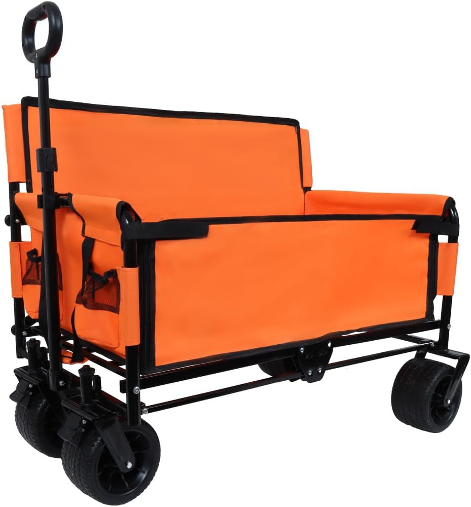 3-in-1 Convertible Folding Wagon Cart with Bench Seat & Storage - 500lbs Heavy-Duty Utility Wagon with All-Terrain Wheels (Orange + Steel)