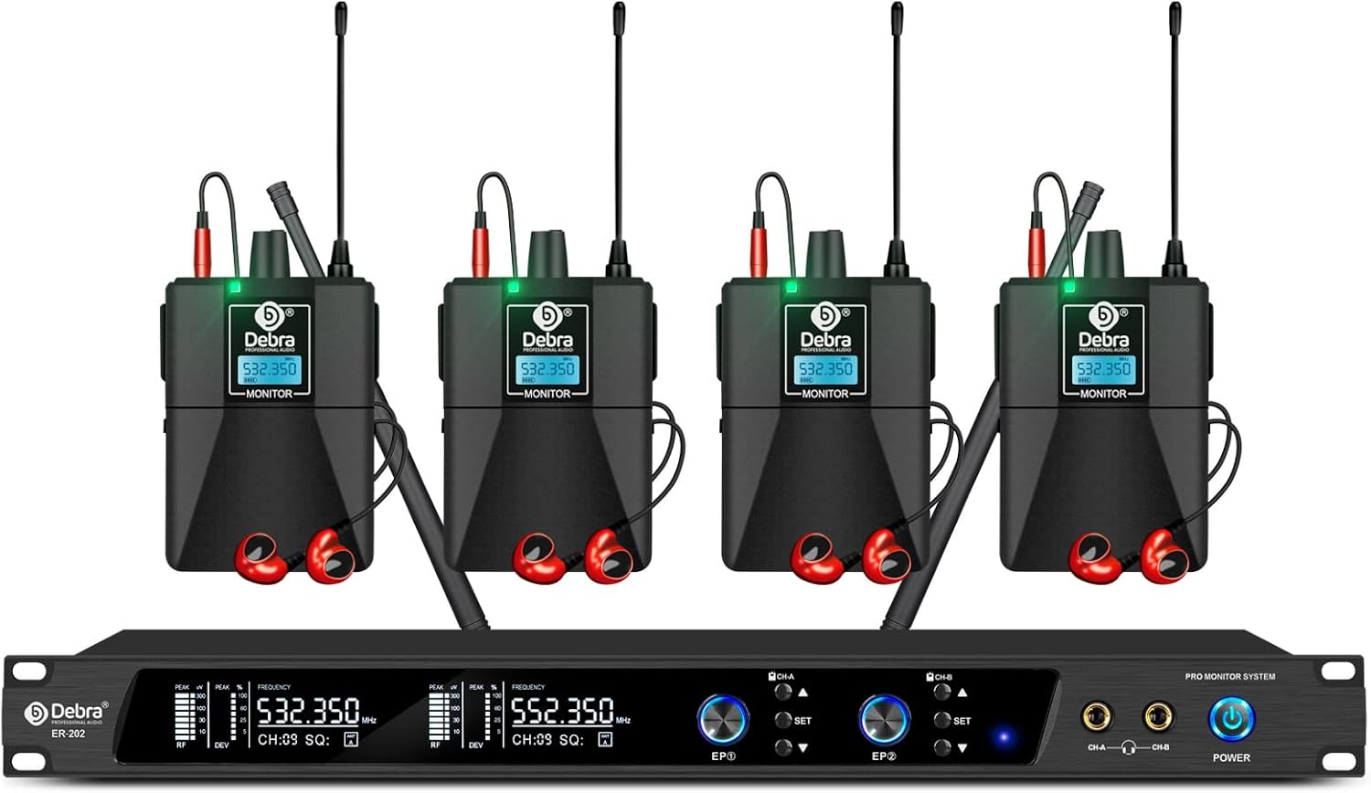 D Debra Audio PRO Mono ER-202 UHF Dual Channel Wireless in Ear Monitor System with Monitoring Type for Stage, Receiver, Studio, Guitar, Band Performance (Dual Channel, 4 Bodypack)