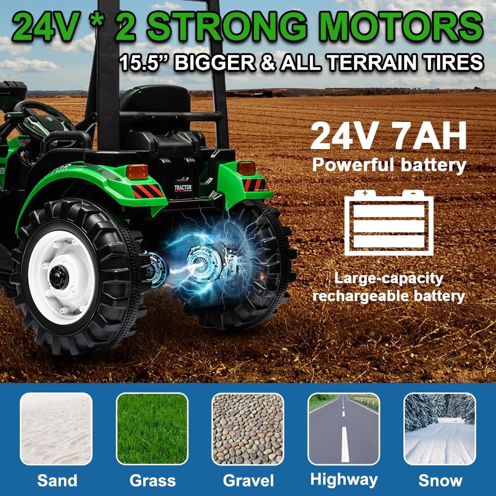 Ride on Tractor with Trailer&Front Loader, 3IN1 24V Dual Motors Ground Loader, Battery Powered Electric Ride on Tractor Toys with Safety Belt, Green(Kids Tractor with Trailer&Front Loader)